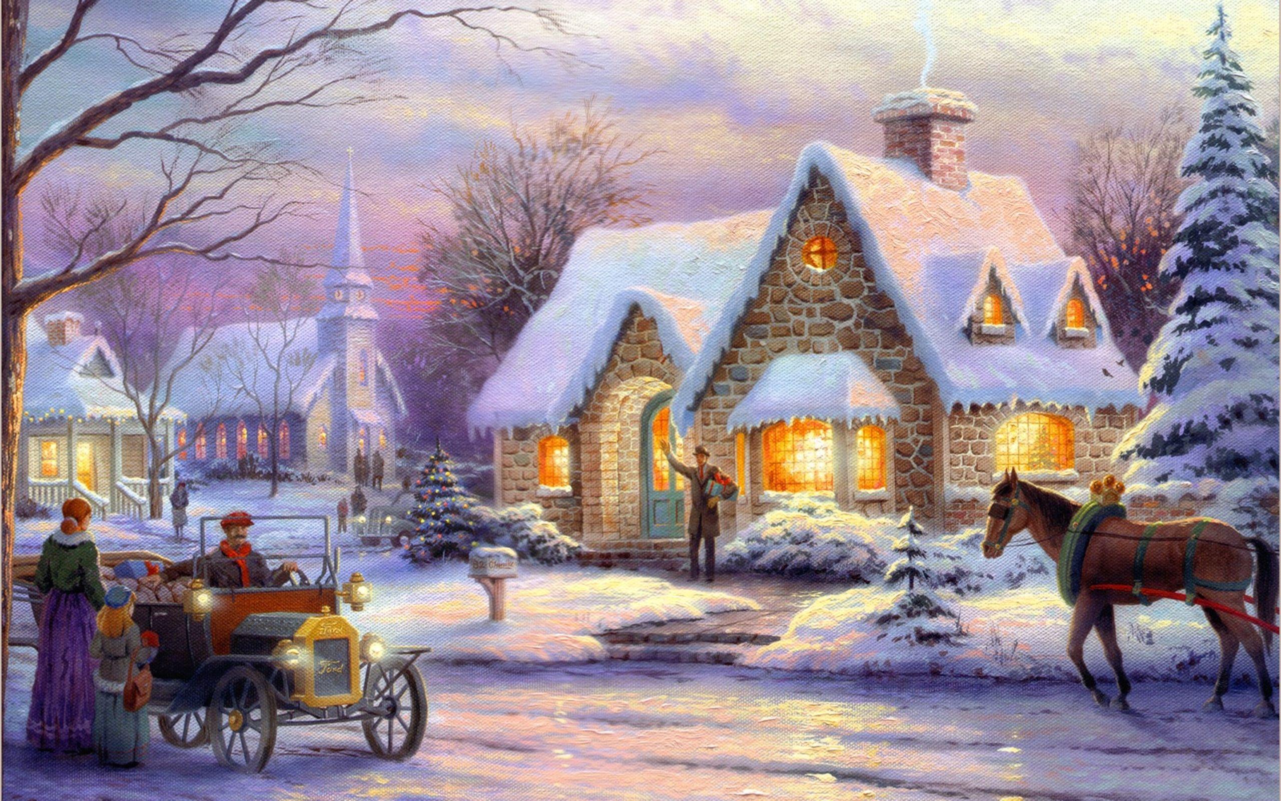 by Thomas Kinkade winter home aglow horse church old