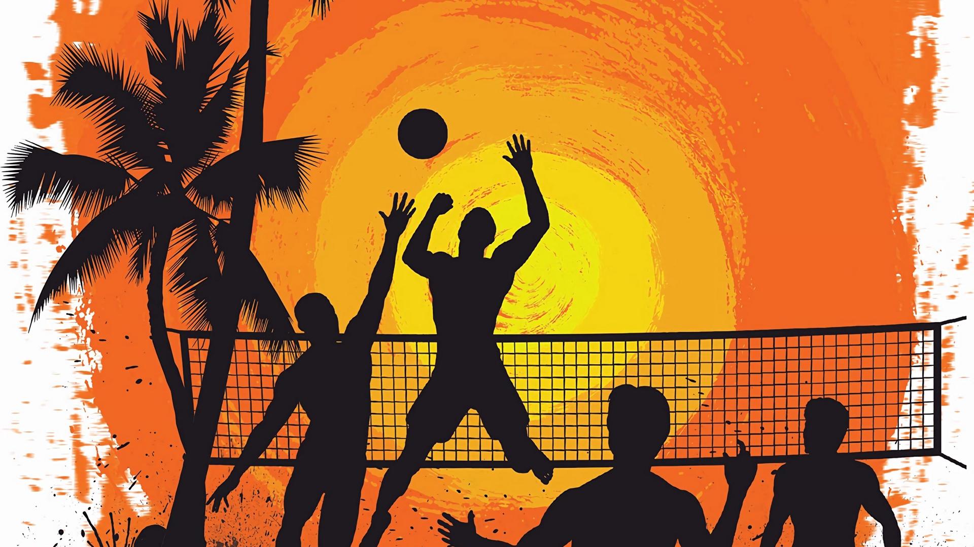 Download wallpaper 1920x1080 volleyball, silhouettes, sun
