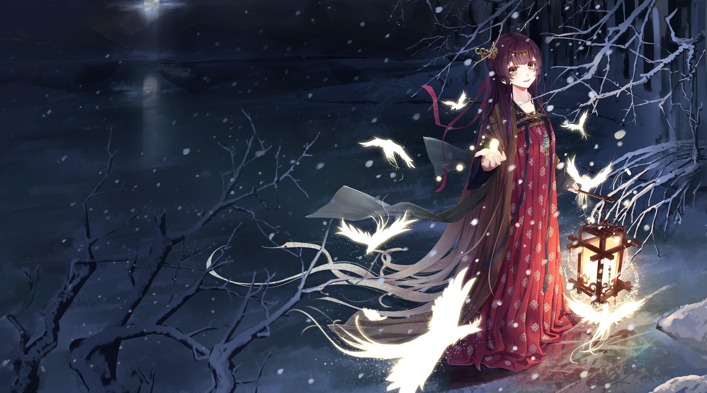 Snowfall, Original (Anime), Anime, Lantern, Girl, Bird