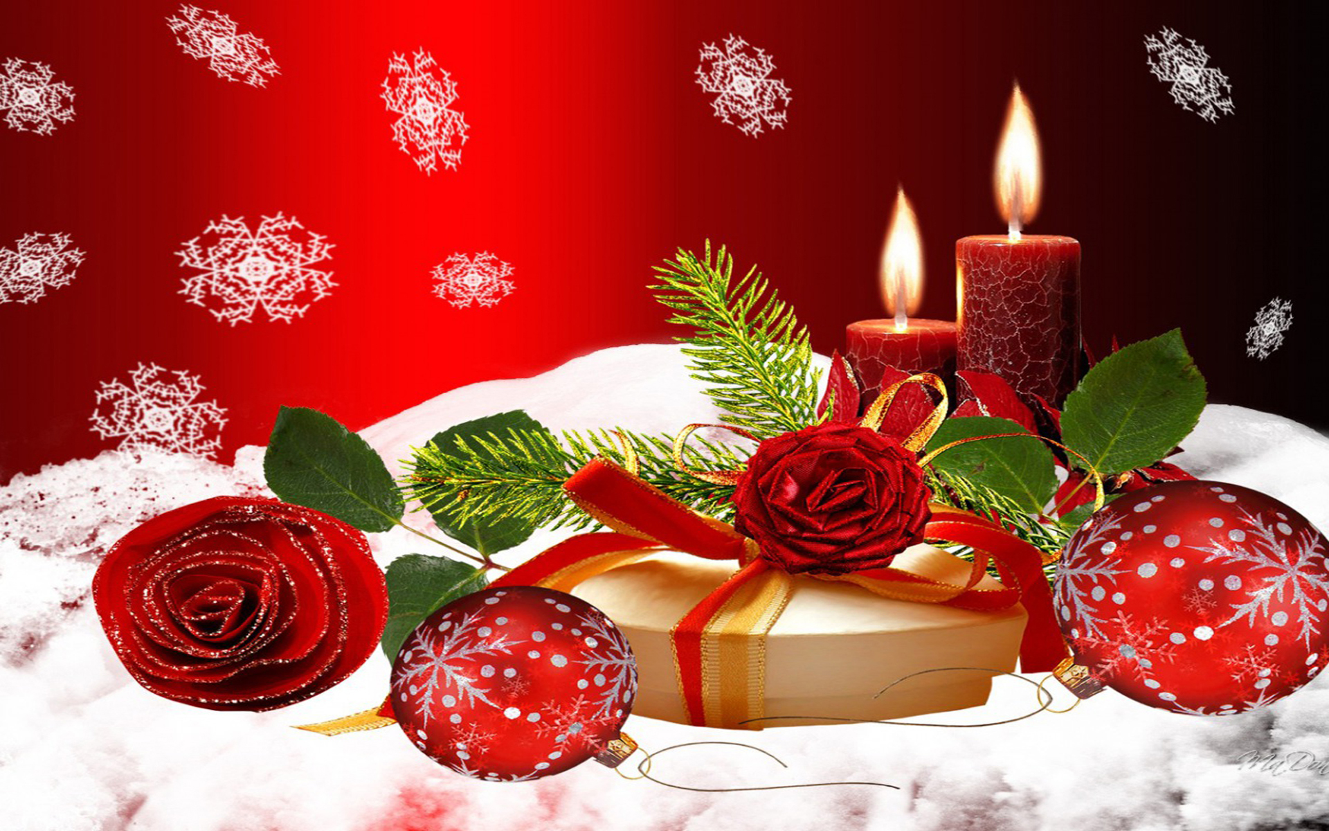 Christmas Candles With Red Rose On Snow 1418, Wallpaper13.com