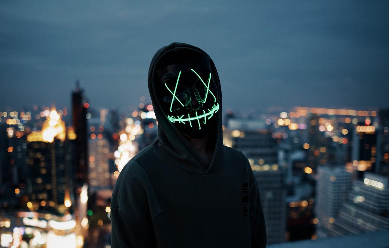 Wallpaper lights, dark, wallpaper, blur, neon, situations, anonymous, mask, silhouette, hood, 4k ultra HD background, city background image for desktop, section ситуации