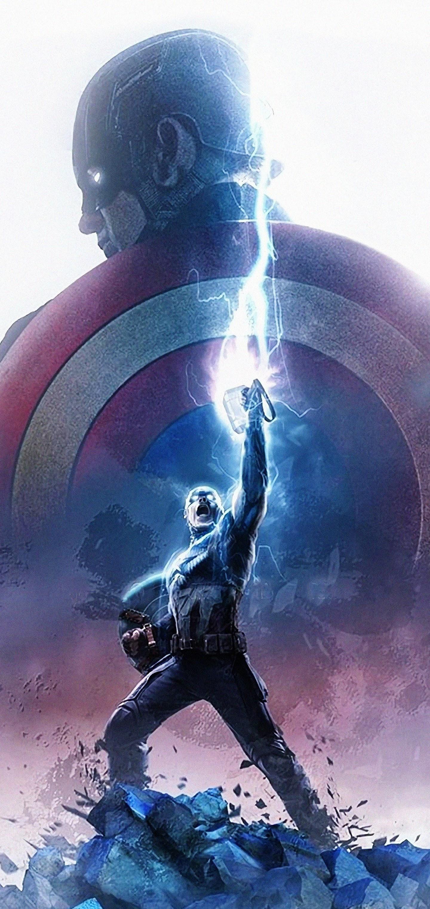 Avengers: Endgame Captain America Thor Hammer Lightning 4K Wallpaper