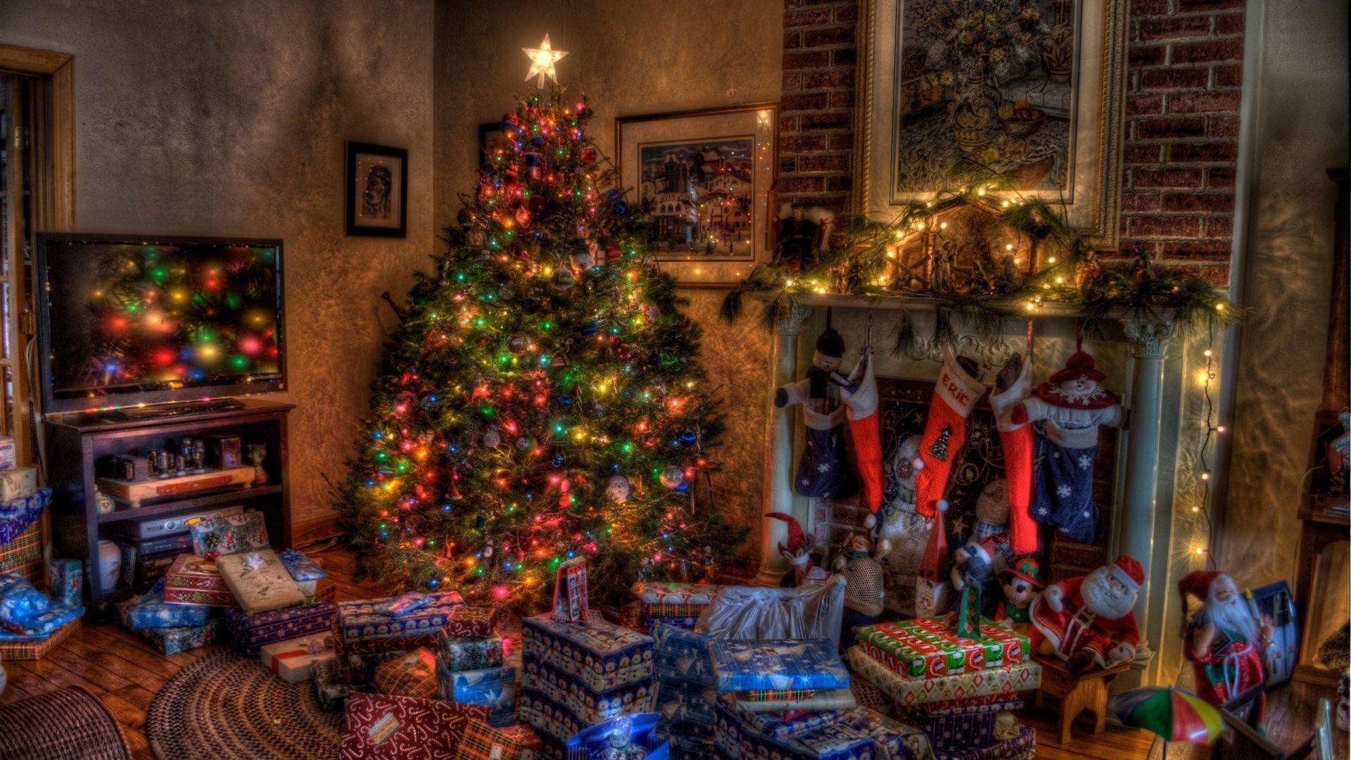 HD Wallpaper Widescreen 1080P 3D. tree, christmas, presents, fireplace, holiday, toys, stockings, ho. Christmas tree with gifts, Christmas night, Christmas tree