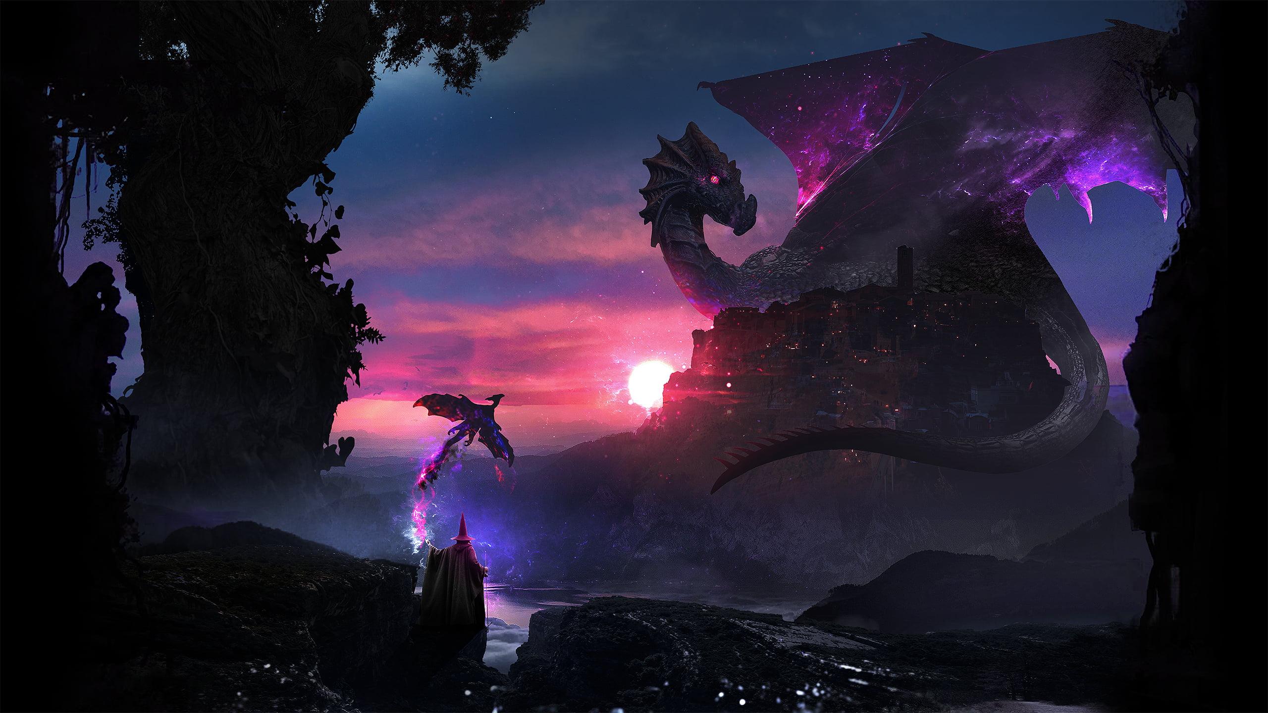 Digital wallpaper of purple dragon resting on mountain HD
