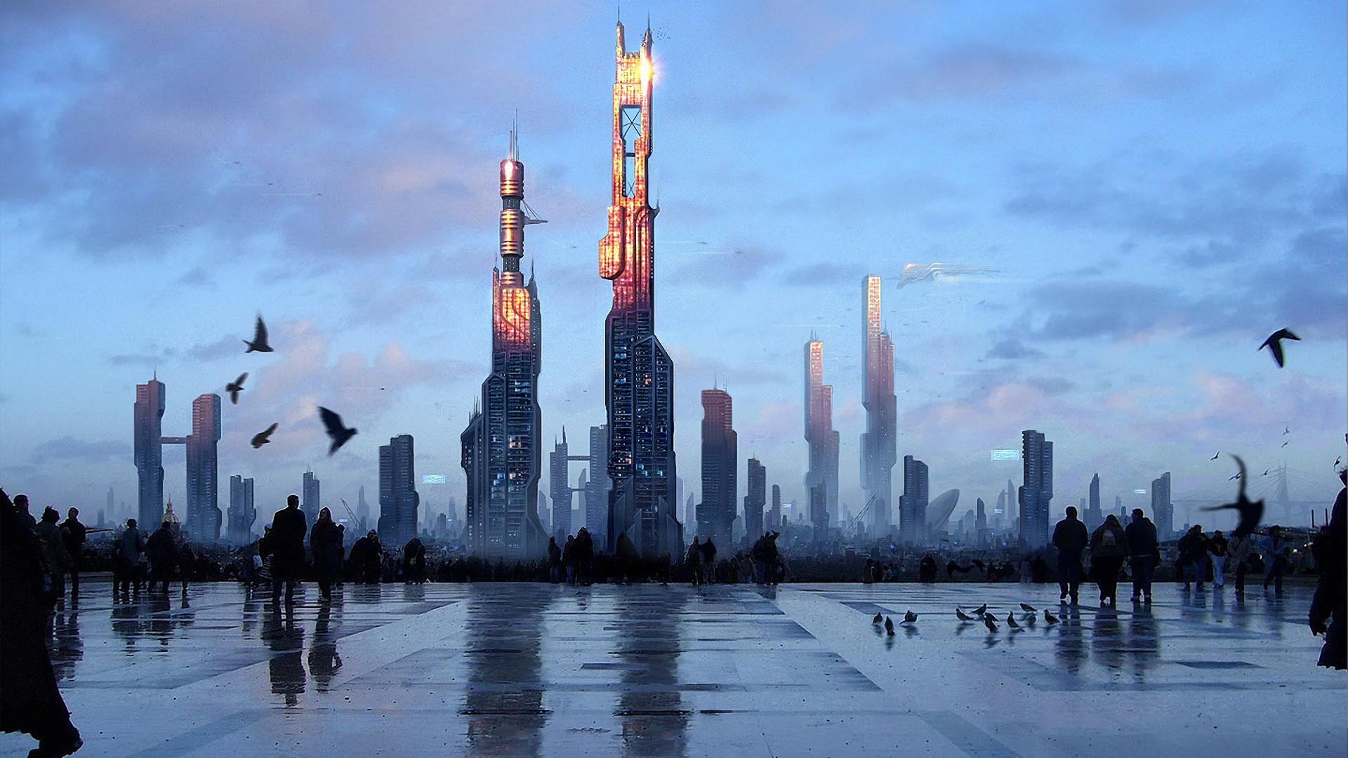cityscapes, futuristic, people, buildings, pigeons, digital