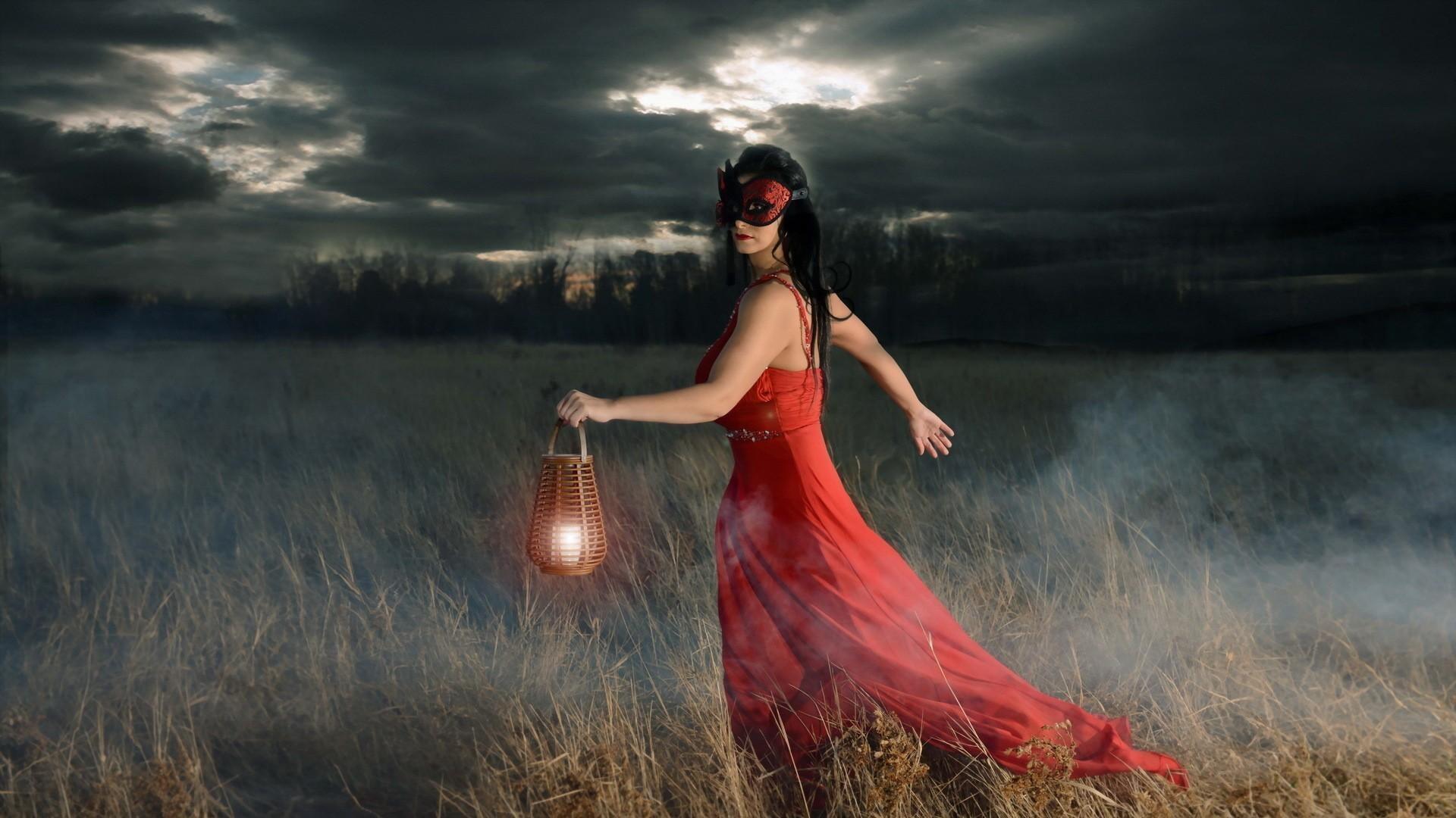 Download 1920x1080 HD Wallpaper lady red dress field lantern