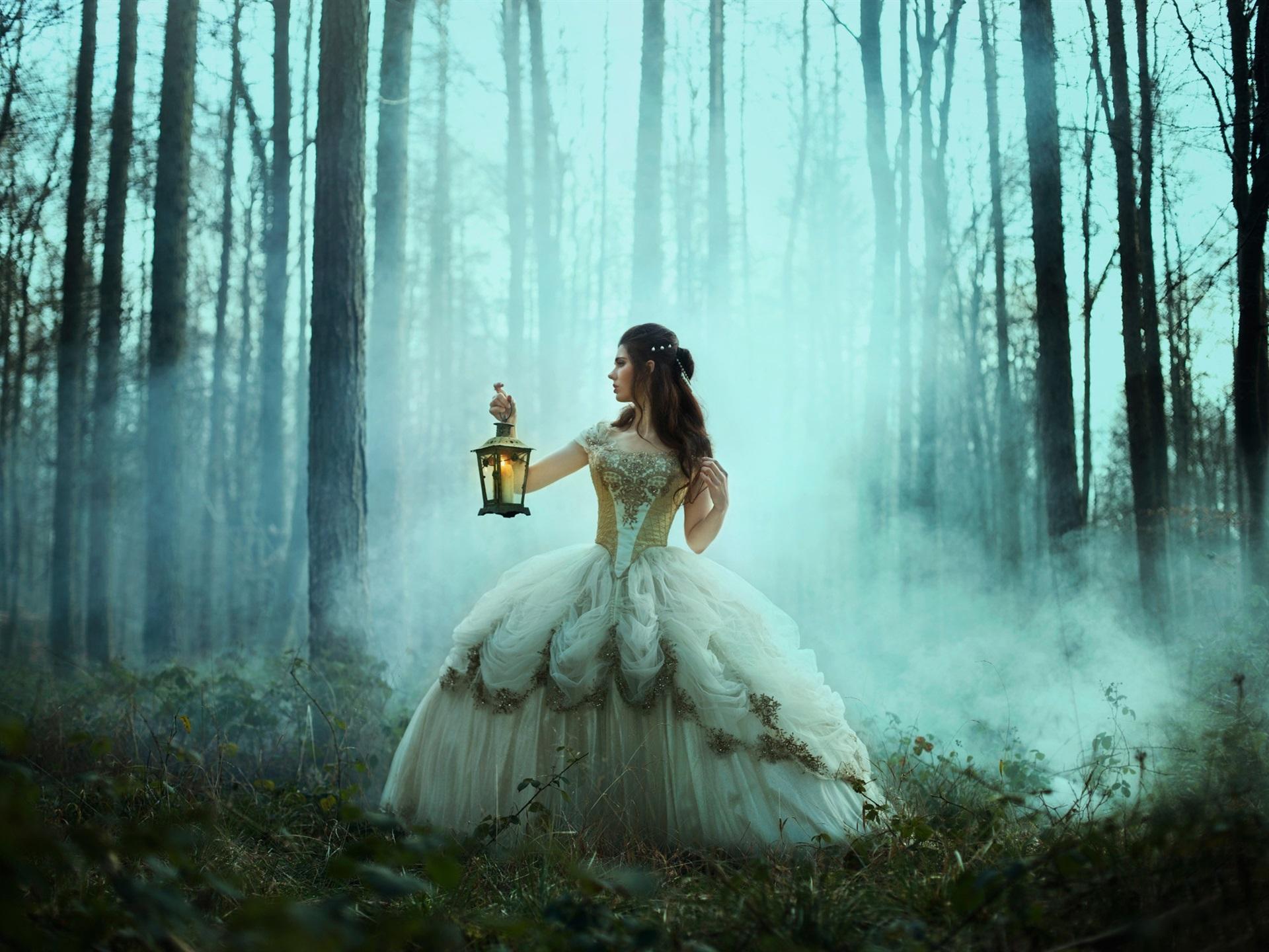 Wallpaper Girl in forest, lantern, retro dress, Bella Kotak