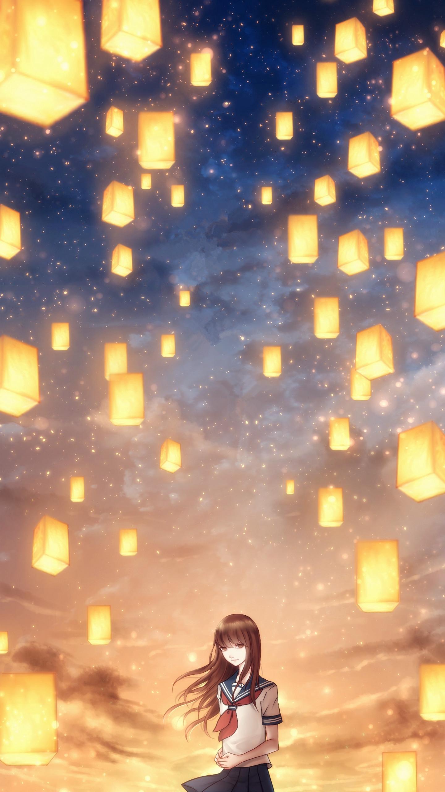 Download wallpaper 1440x2560 girl, lanterns, sky, light, art