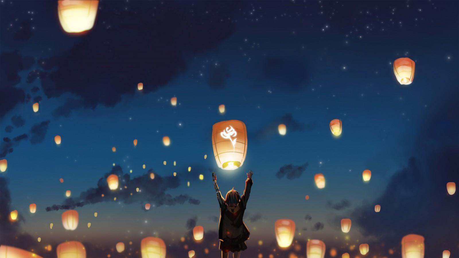 Download 1600x900 Anime Girl, Lantern Festival, Night