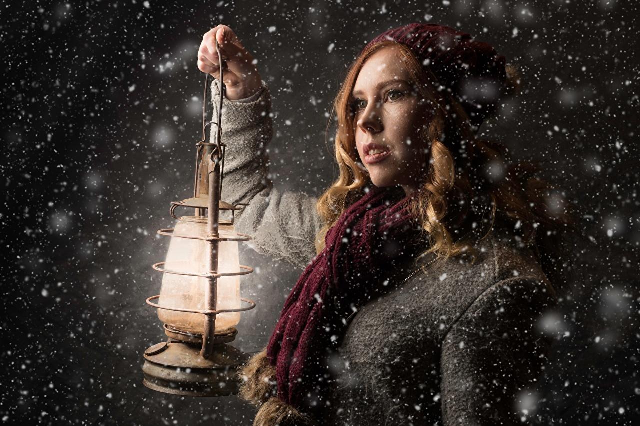 Wallpaper Redhead girl Scarf Lantern Girls Snowflakes