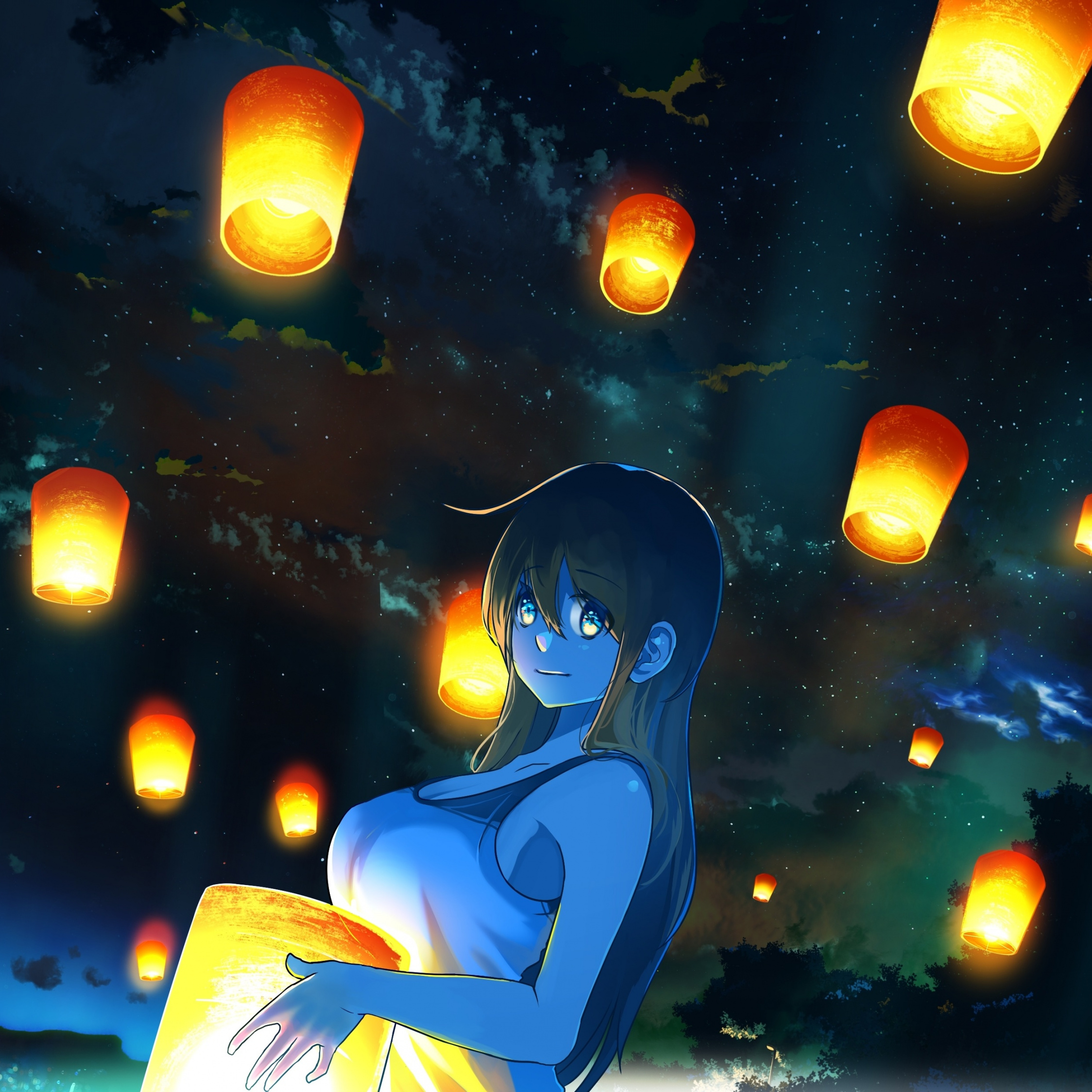 Download 2248x2248 wallpaper lanterns, beautiful, anime girl