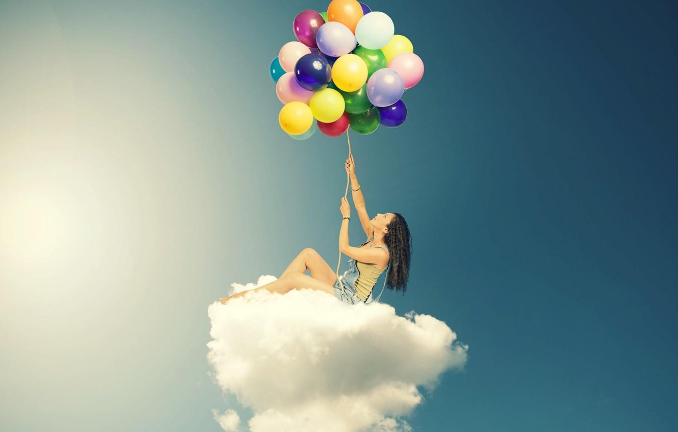 Wallpaper the sky, girl, clouds, balls, balloons, background
