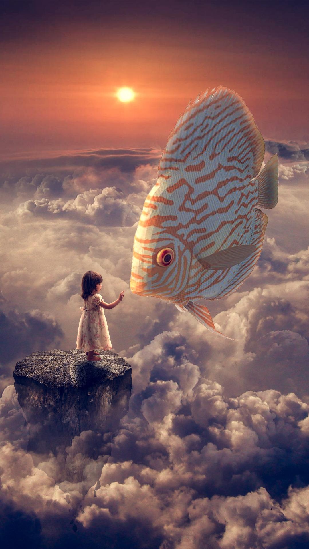Fantasy Girl Fish Clouds Sky iPhone 8 Wallpaper Free Download
