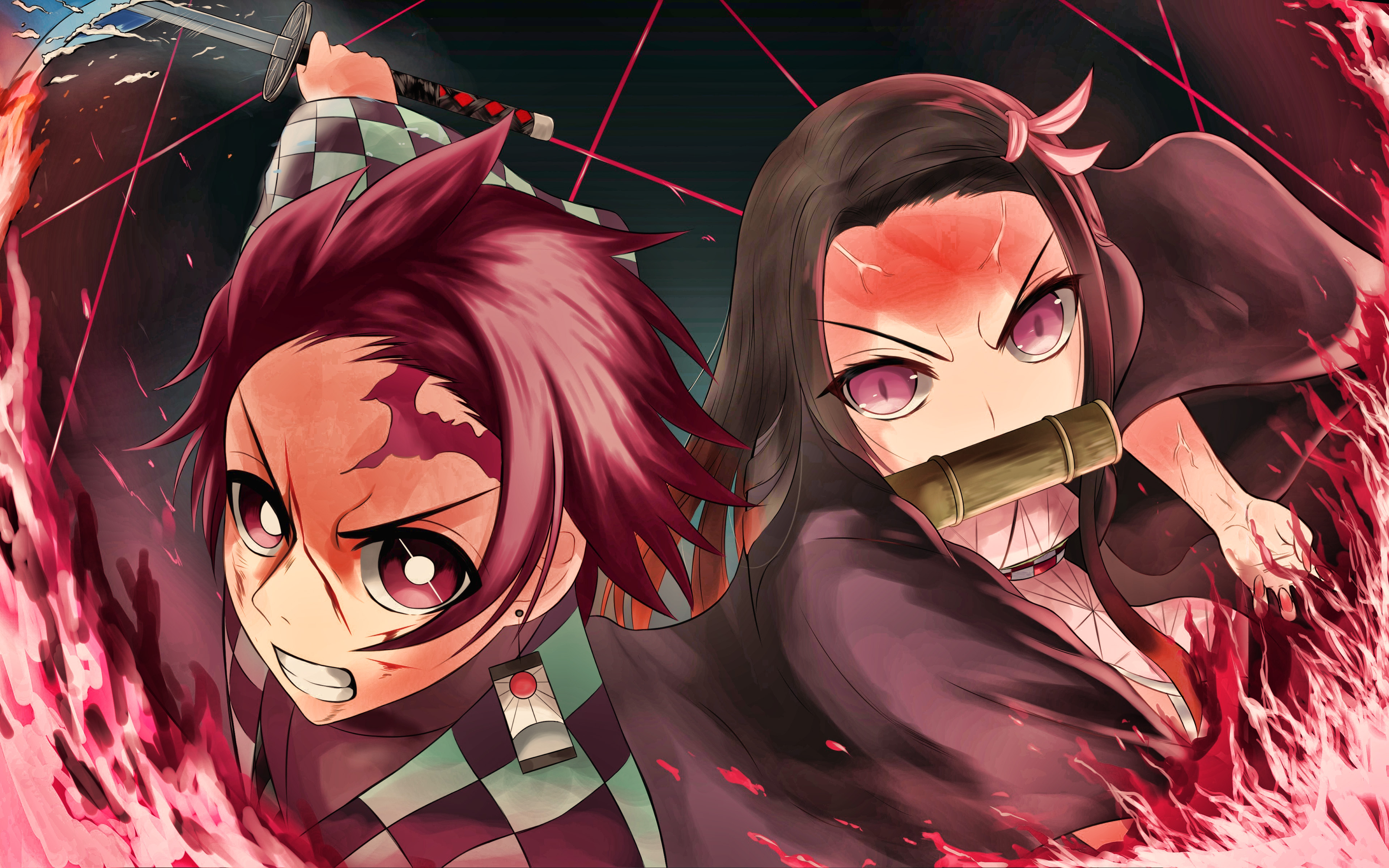 Download wallpaper Tanjirou Kamado, Nezuko Kamado, red fire