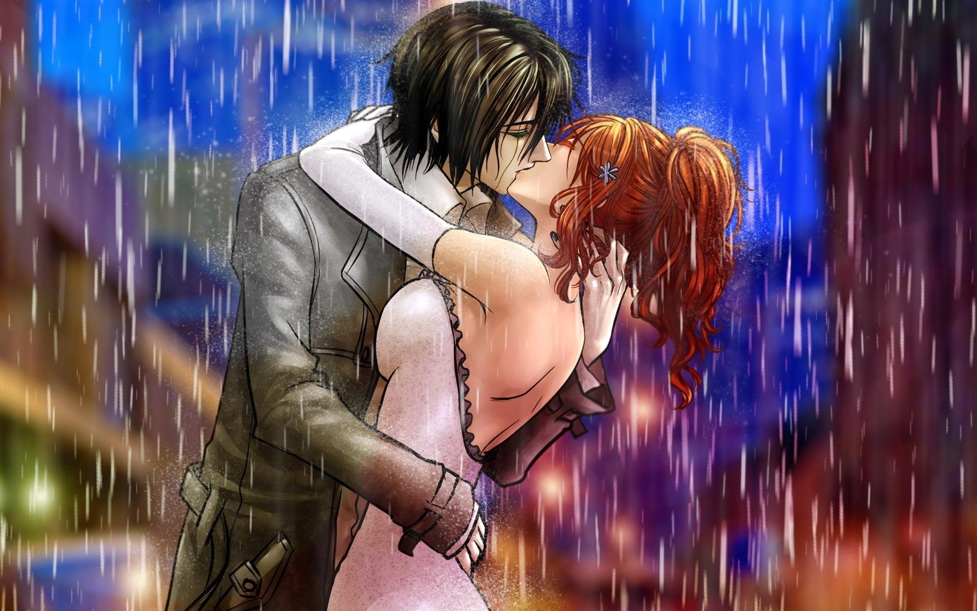 Couple kissing anime illustration HD wallpaper