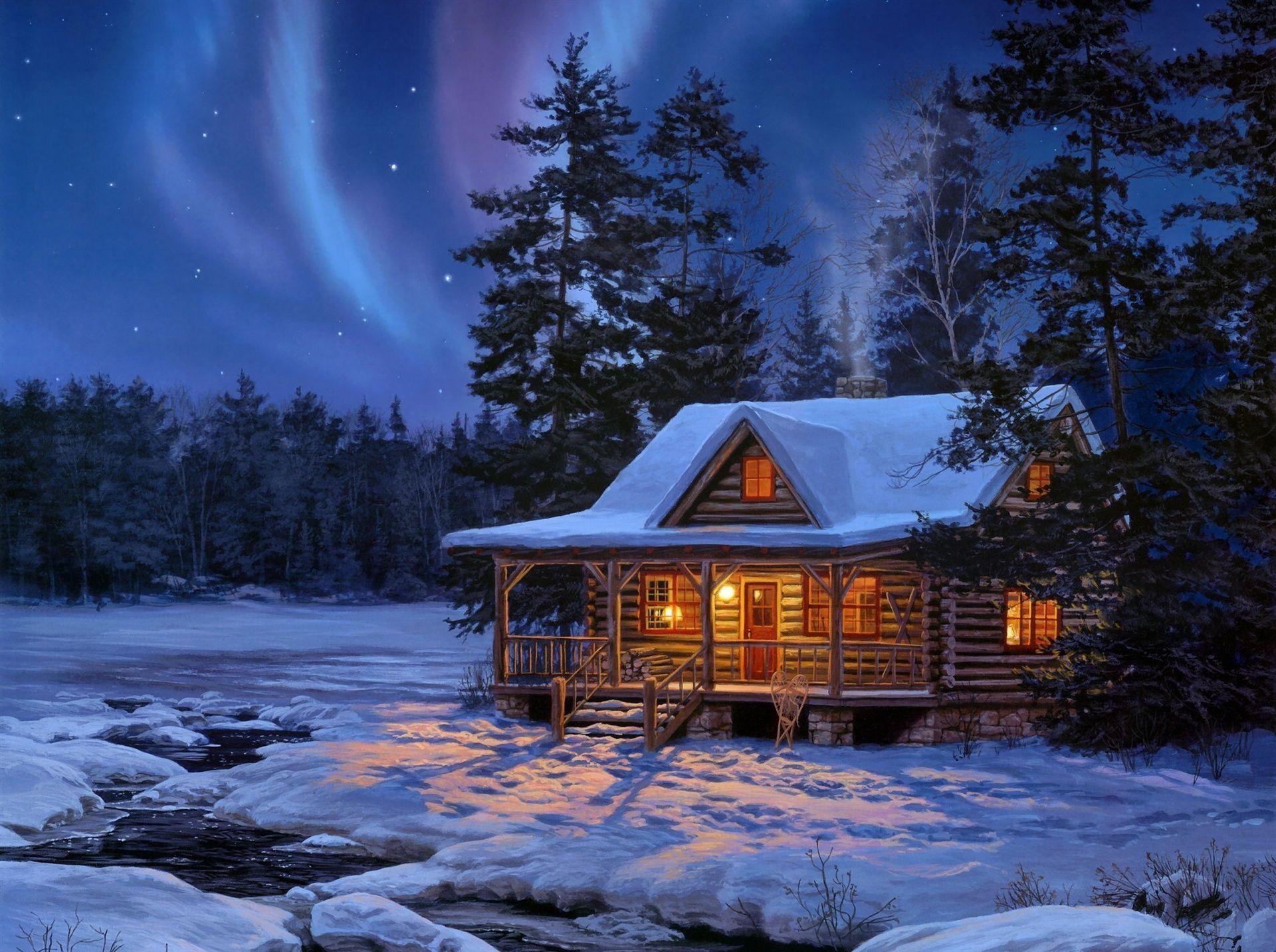 Winter Log Cabin Desktop Wallpaper at