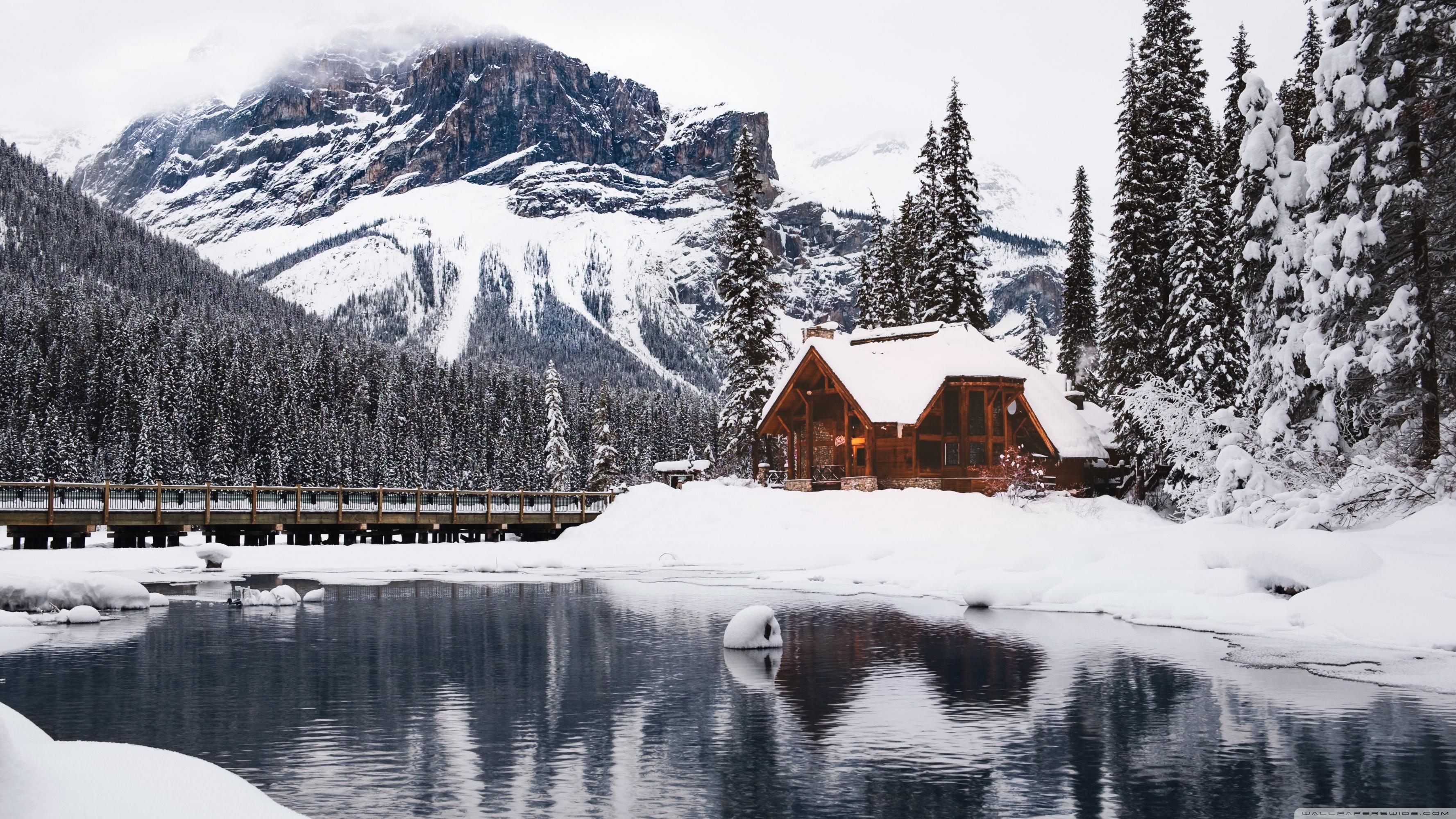 Rustic Cottage, Lake, Mountain, Winter, Snow Ultra HD