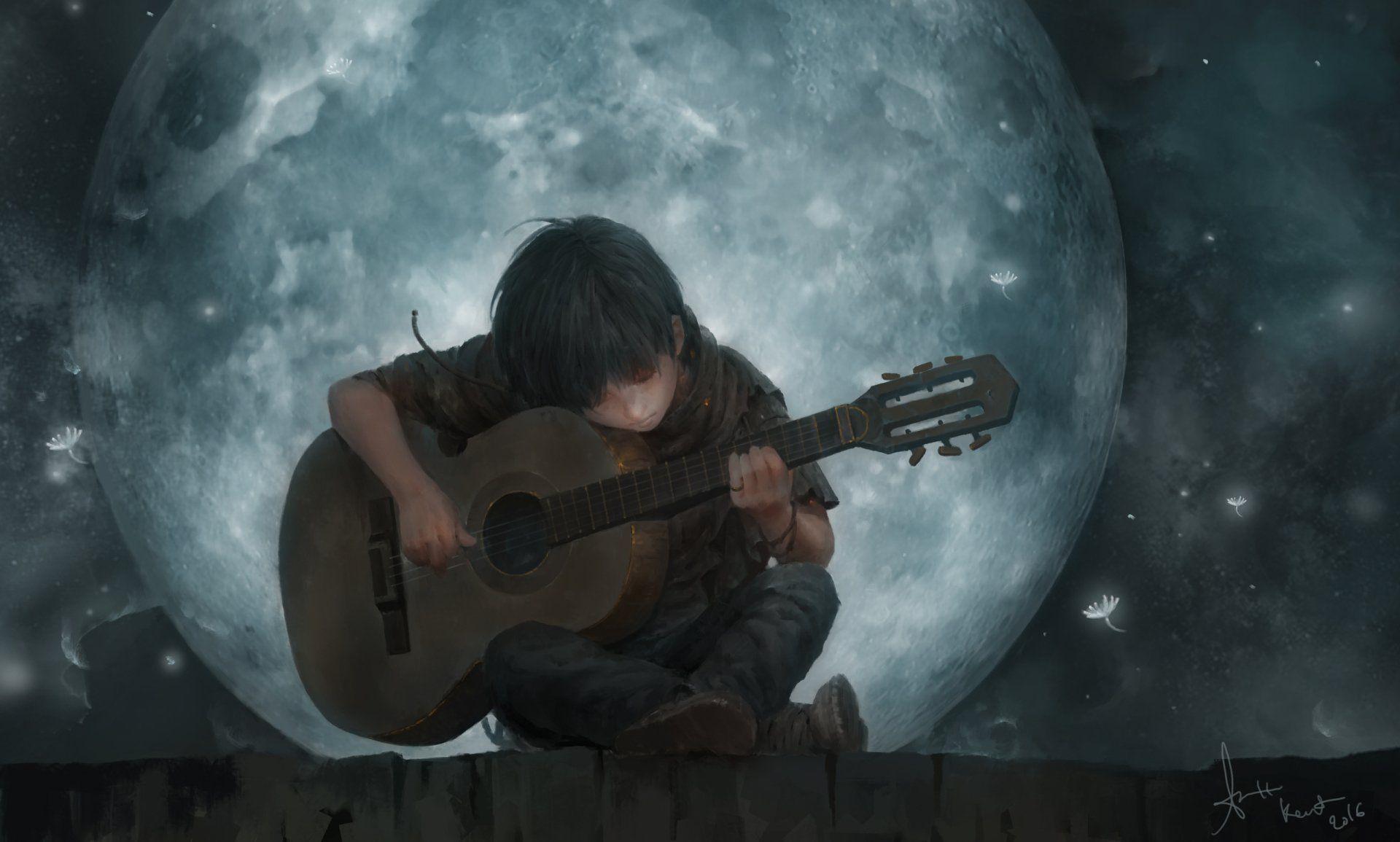 Artistic Child Moon Guitar Boy Wallpaper. Ảnh tường cho điện
