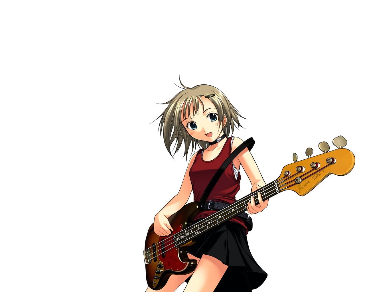 Brown haired female anime playing bass guitar HD wallpaper