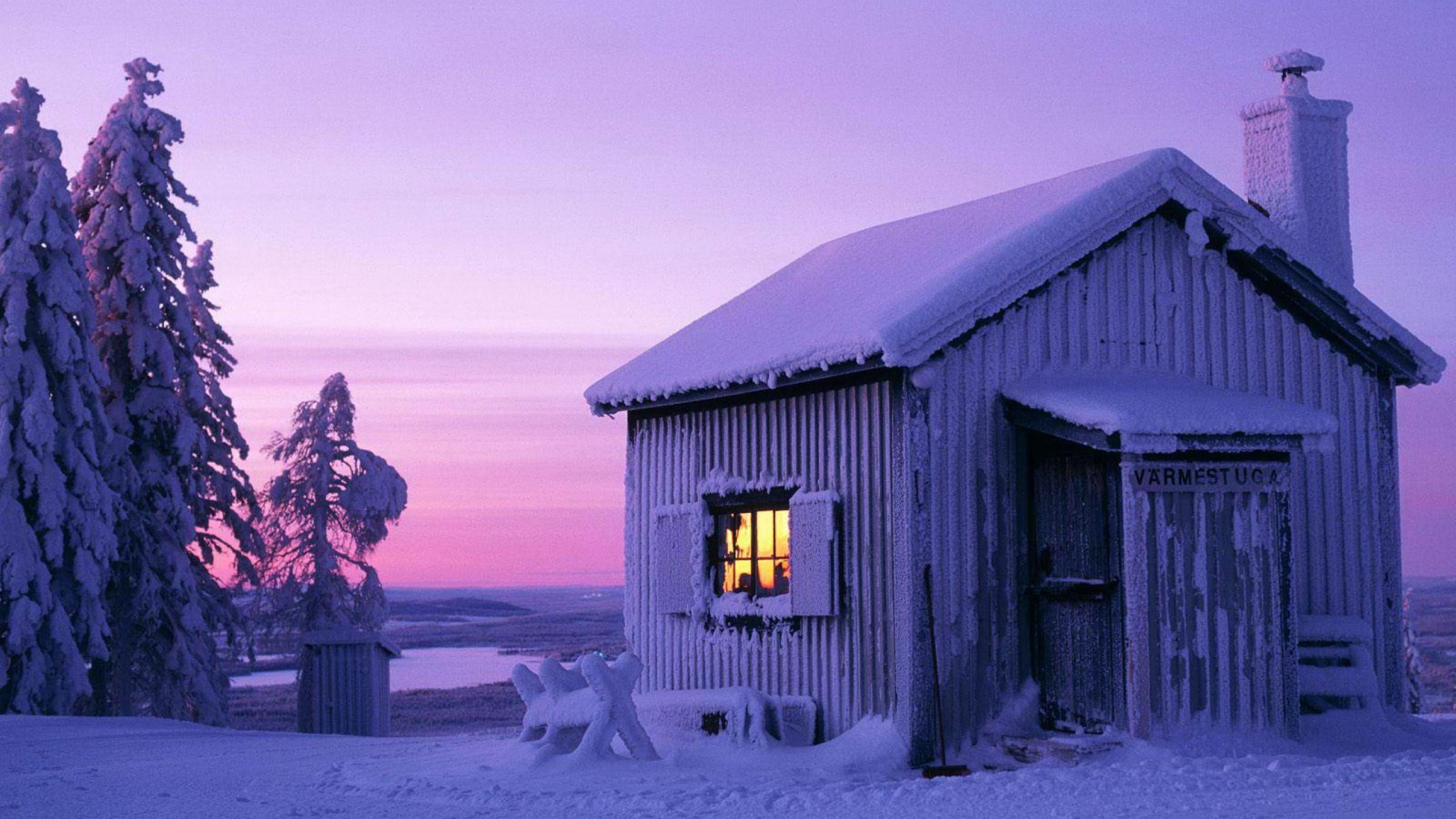 winter, snow, trees, Sweden, moonlight, cabin wallpaper