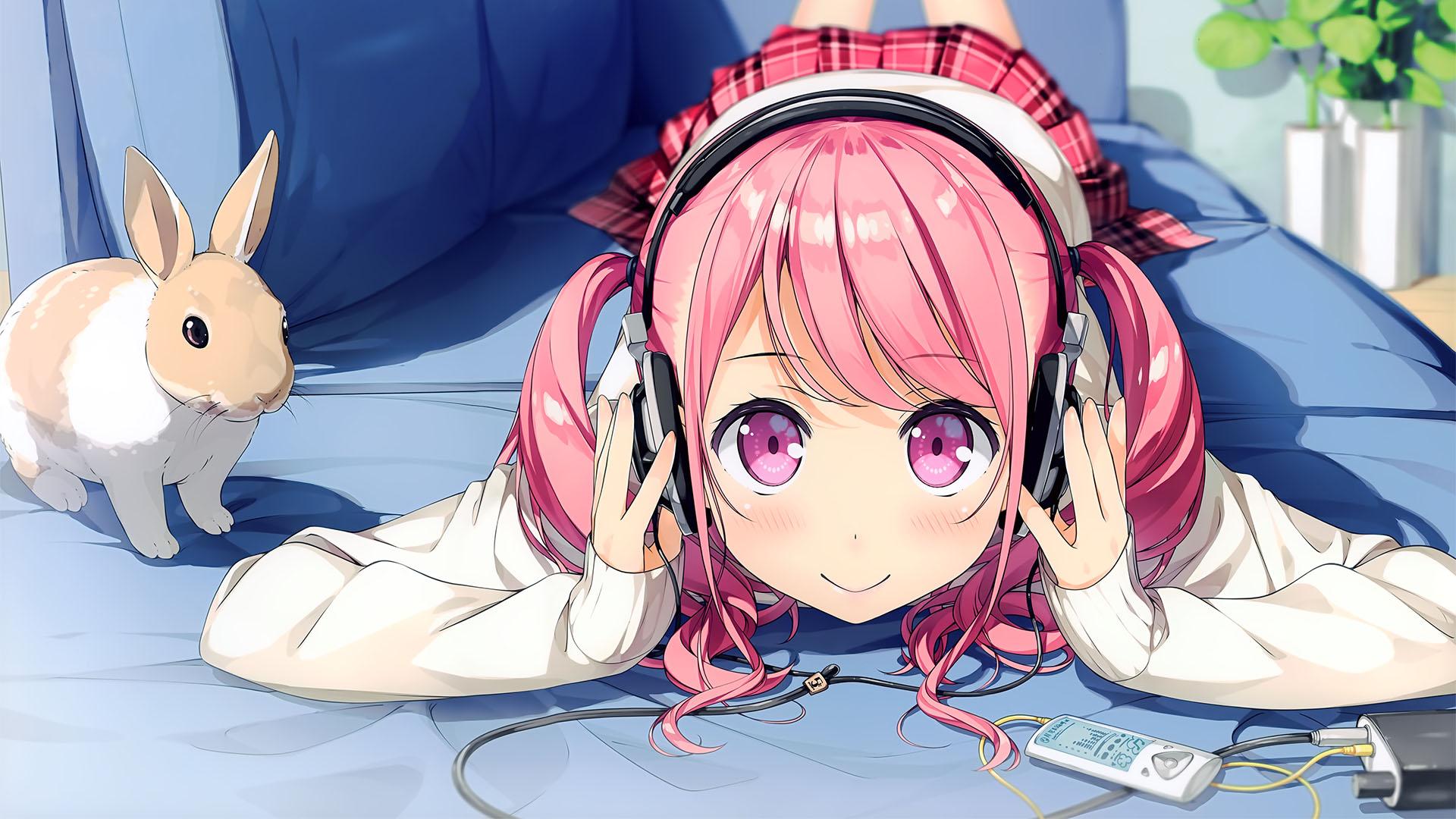 Cute Anime Girl With Headphones And A Bunny HD Wallpaper