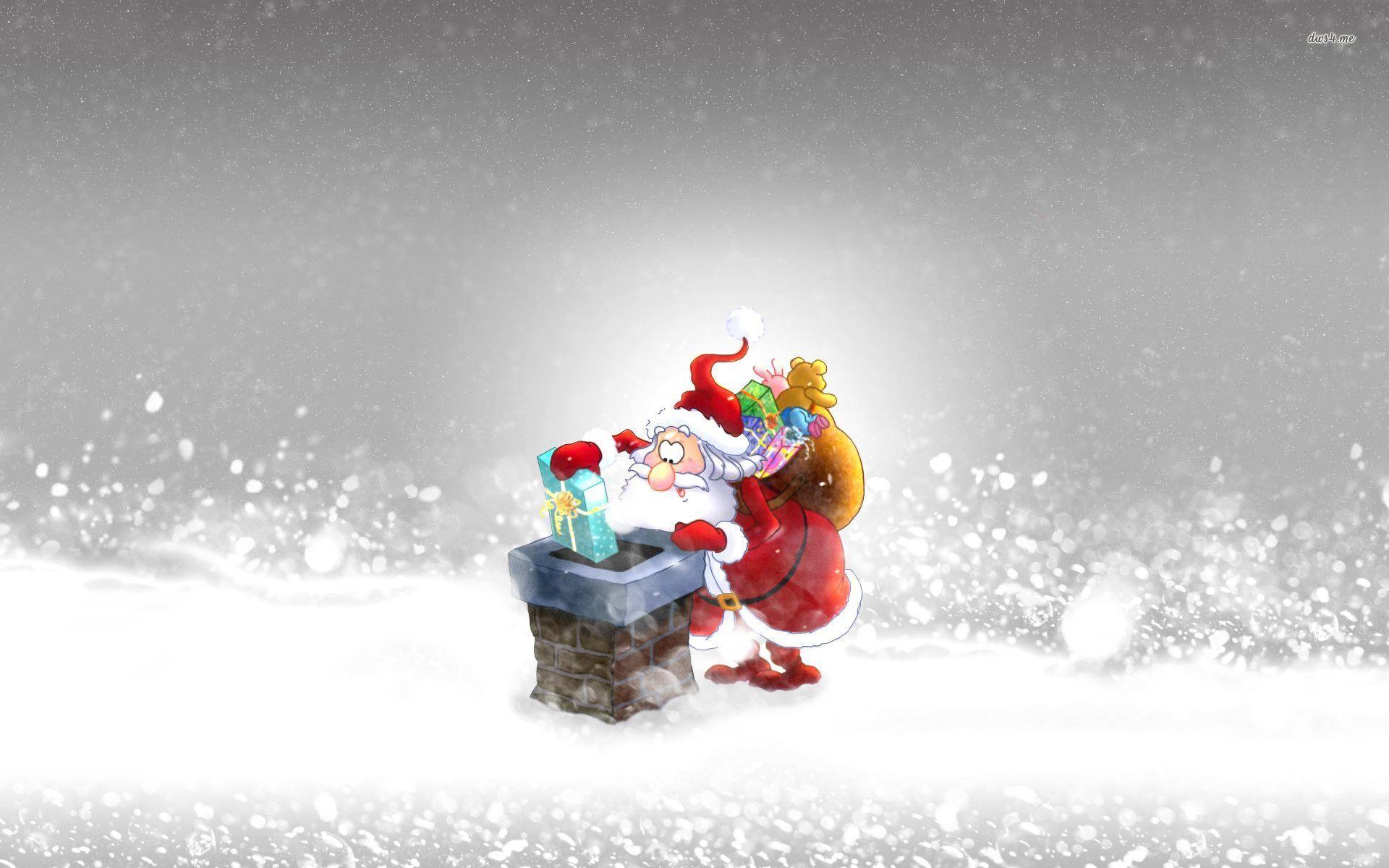 Santa Claus delivering gifts trough the chimney wallpaper