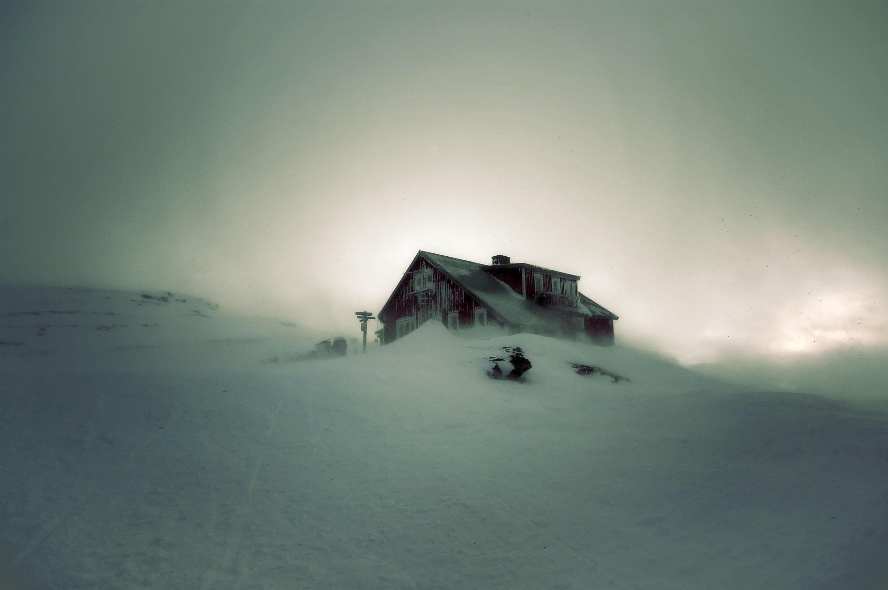 winter, snow, dark, white, storm, gray, houses, cabin, solitude