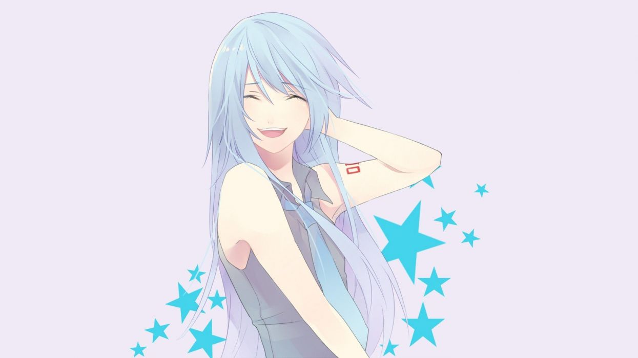 Cute anime girl smile long blue hair star wallpaper