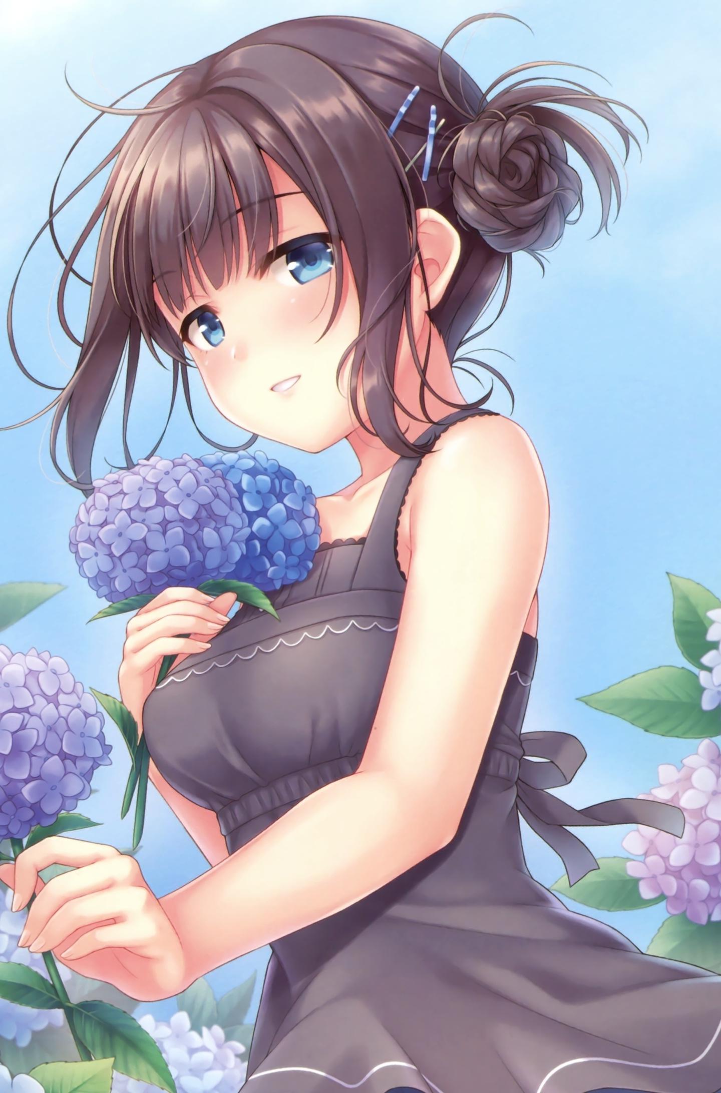 Download 1440x2560 wallpaper flowers, blue, cute anime girl