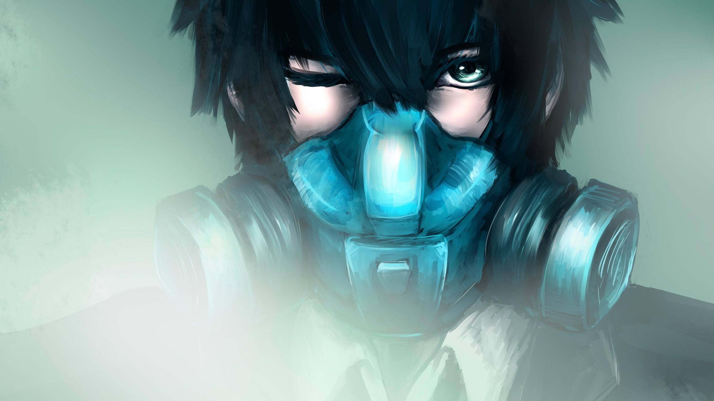 Close Up, Suit, Tie, Gas Masks, Green Eyes, Short Hair