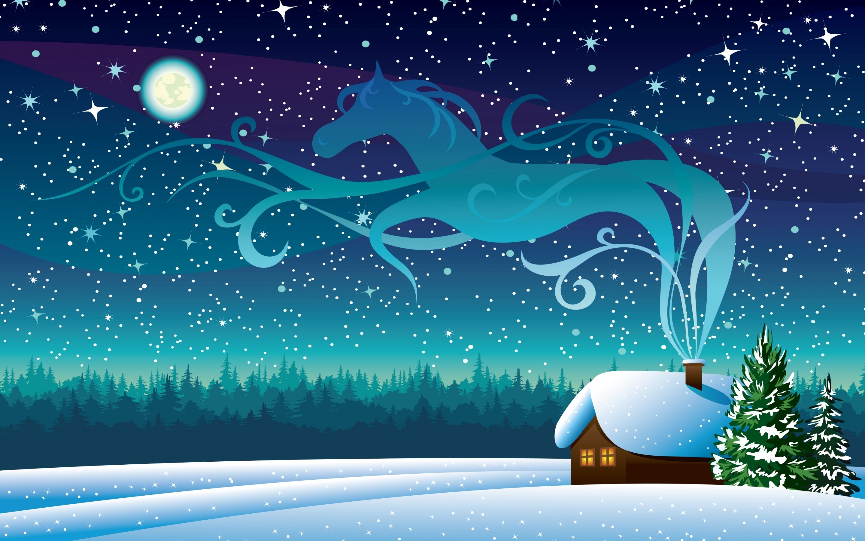 Winter Night Starry Sky Full Moon Wooden House Drawing