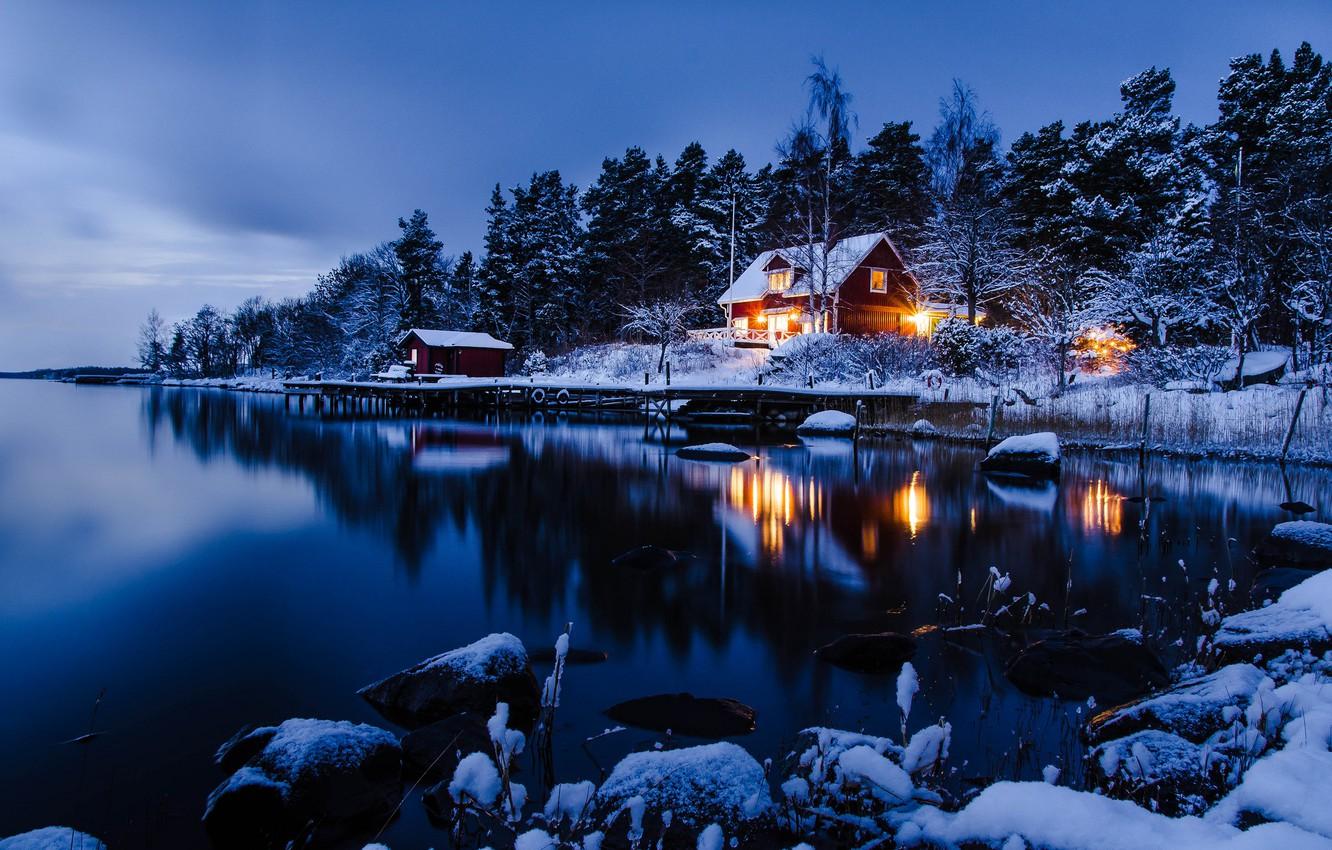 Wallpaper winter, forest, water, snow, trees, night, house