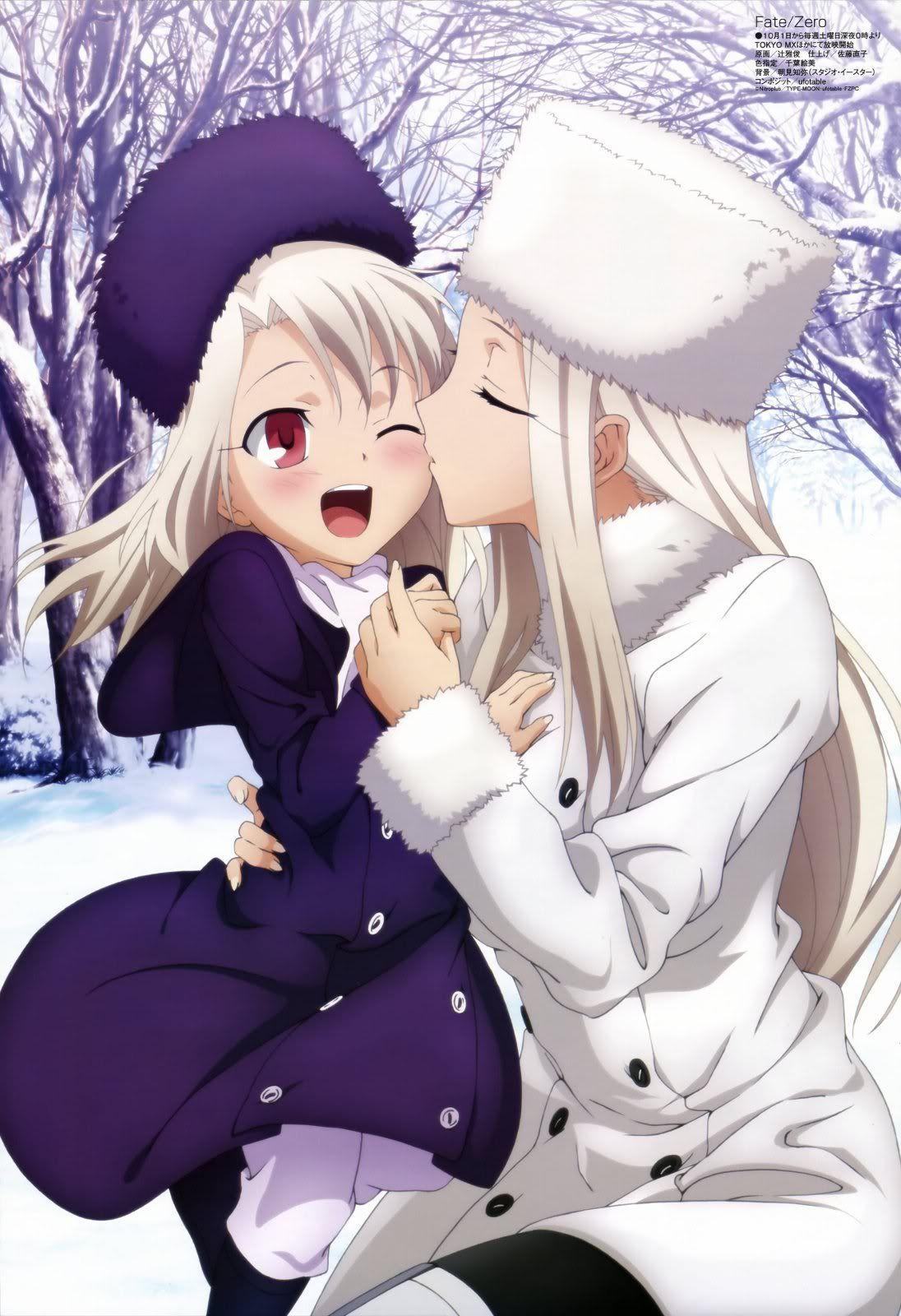 an adorable picture of Irisviel giving her daughter a kiss
