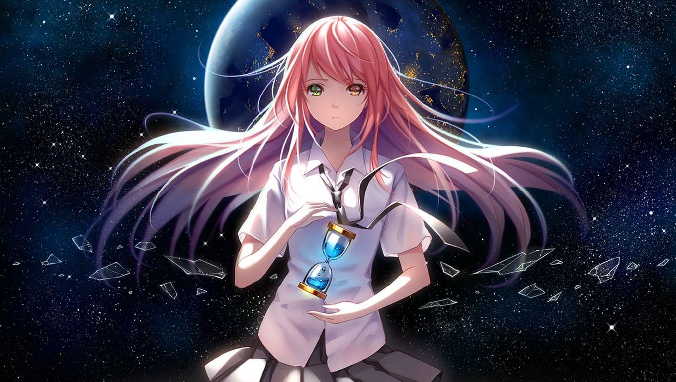 Download wallpaper girl, space, stars, earth, watch, planet, anime