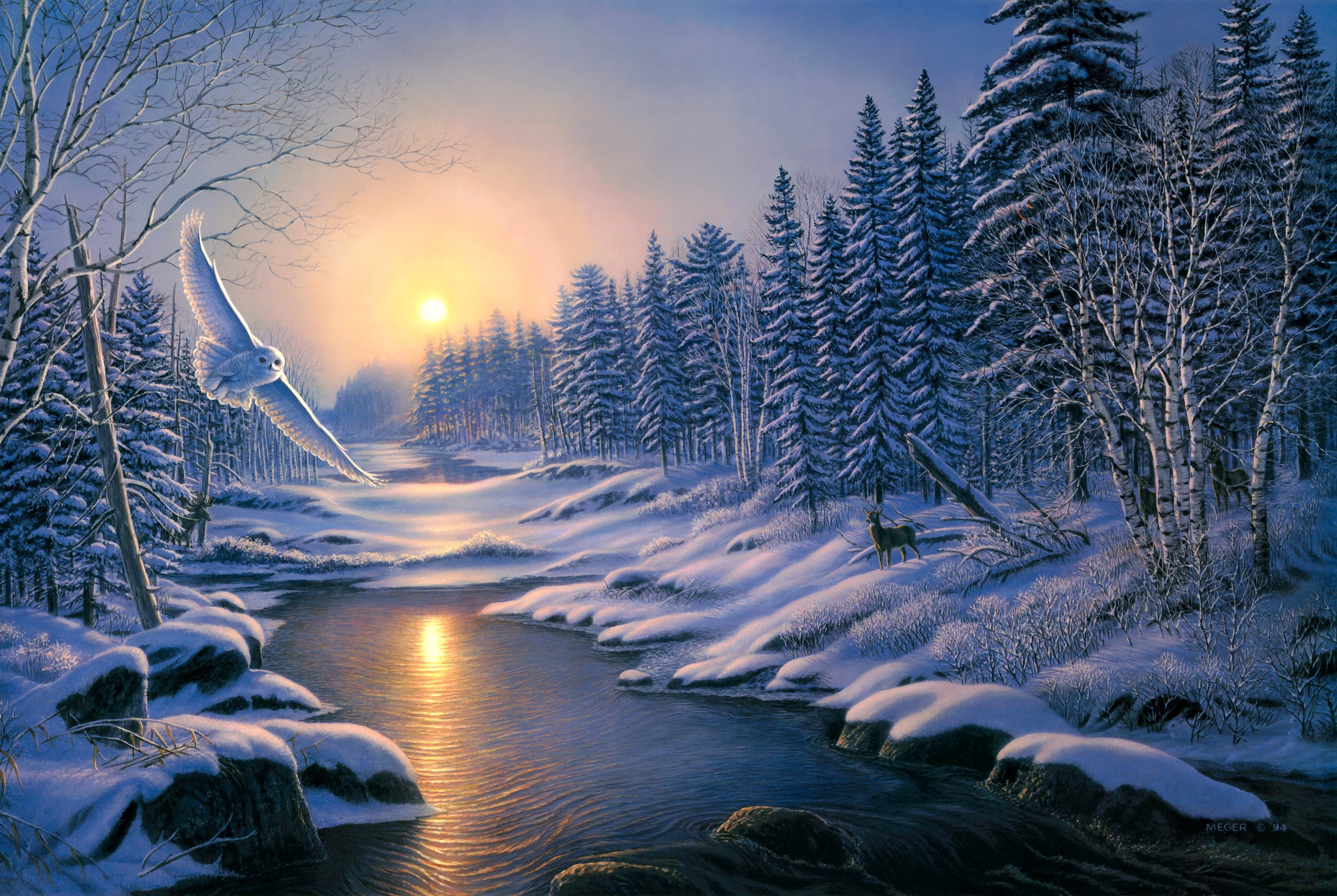 painting, Solstice, Sunset, Winter, Snow, Nature, Forest