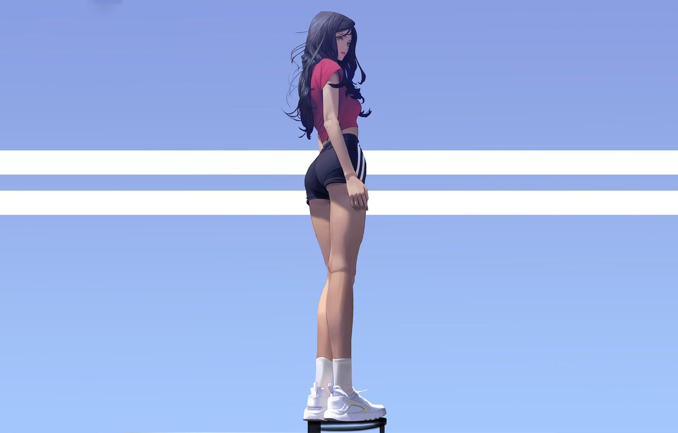 Wallpaper Girl, shorts, long hair, legs, anime, brunette
