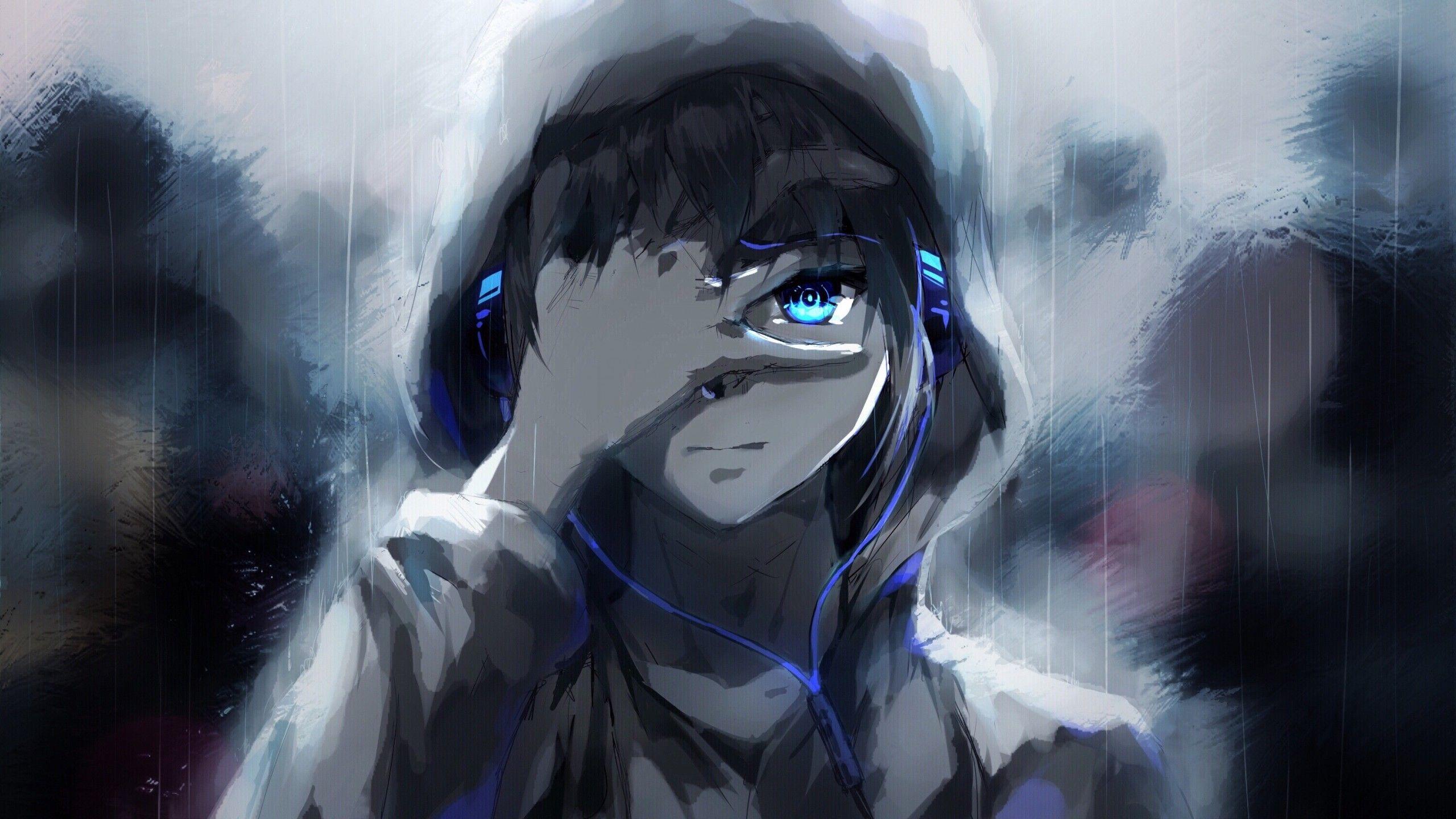 anime boy, hoodie, blue eyes, headphones, painting