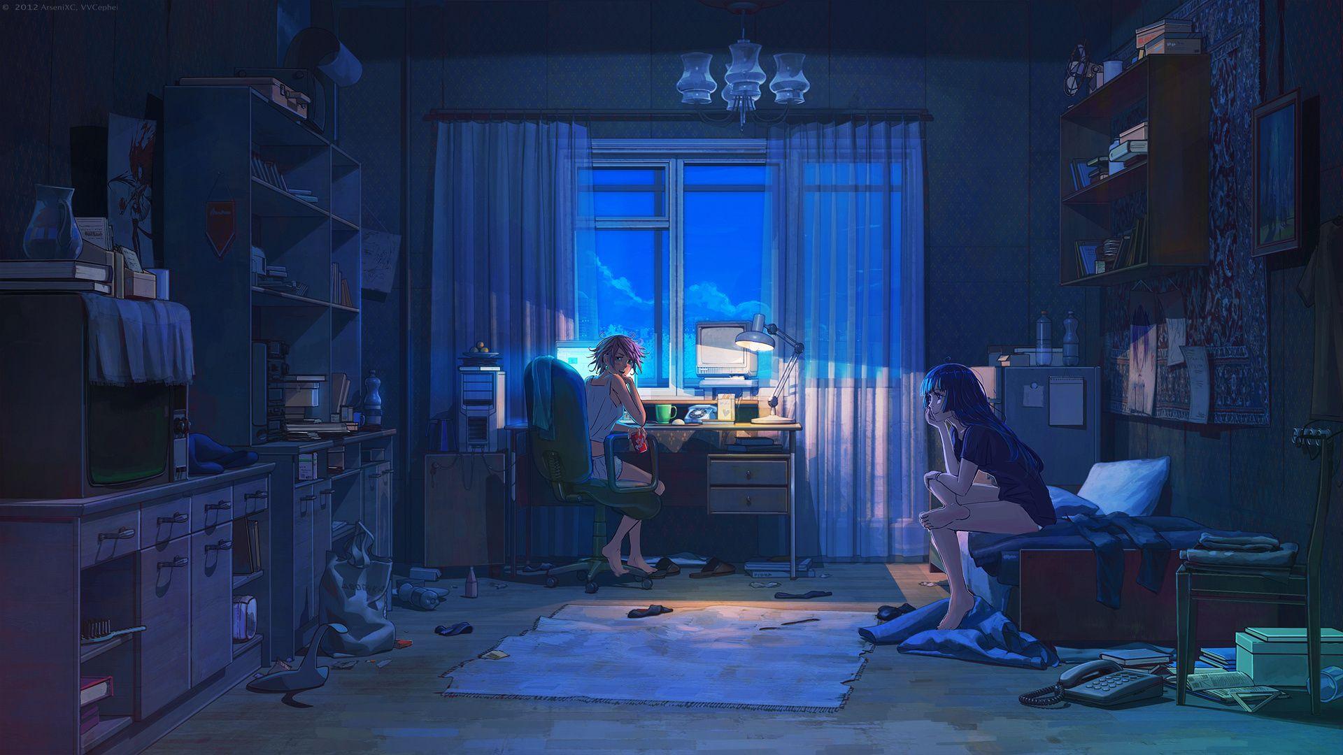 Anime girls room (Dengan gambar). Gambar digital, Pemandangan anime