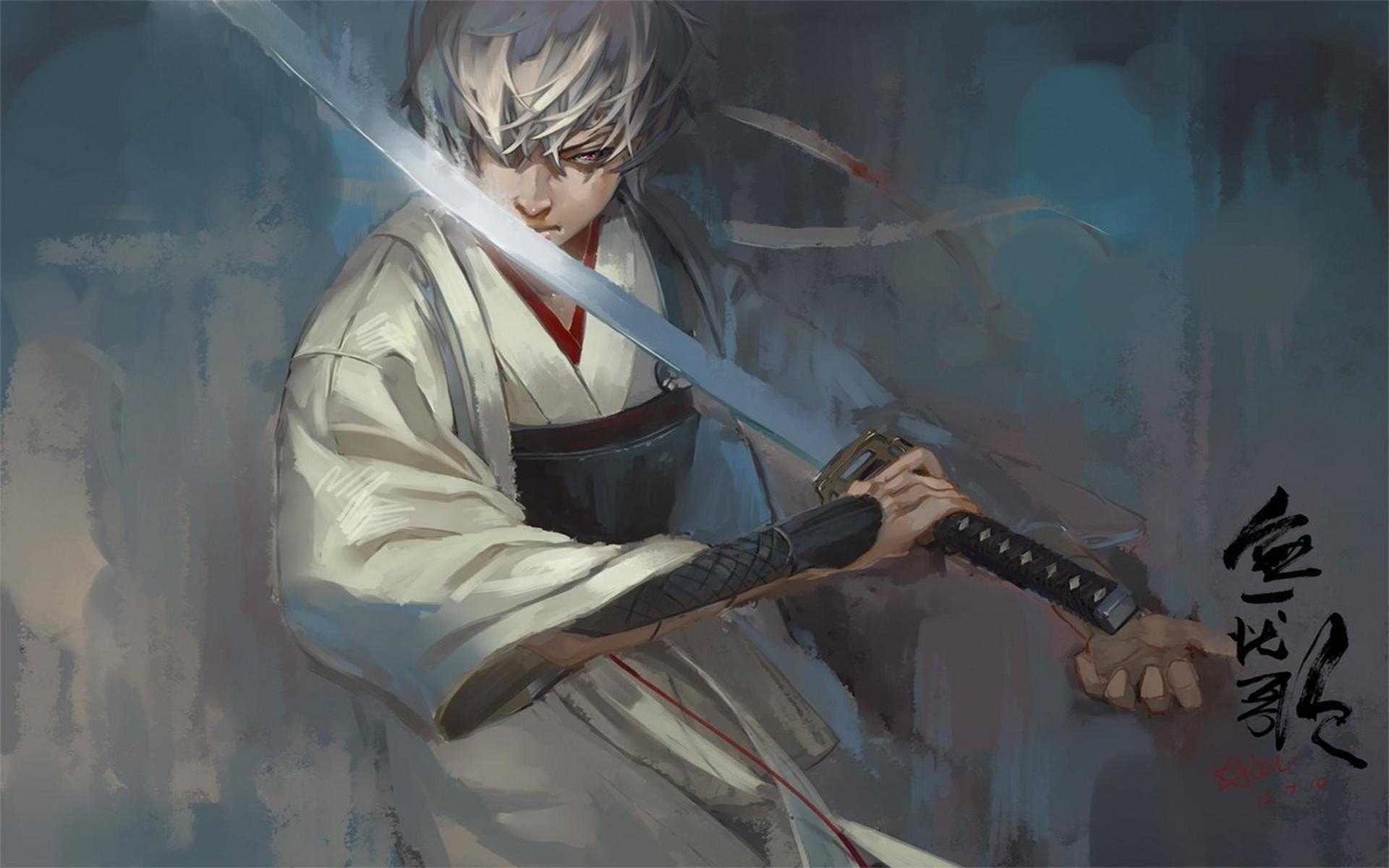 Male holding samurai anime character painting, Gintama