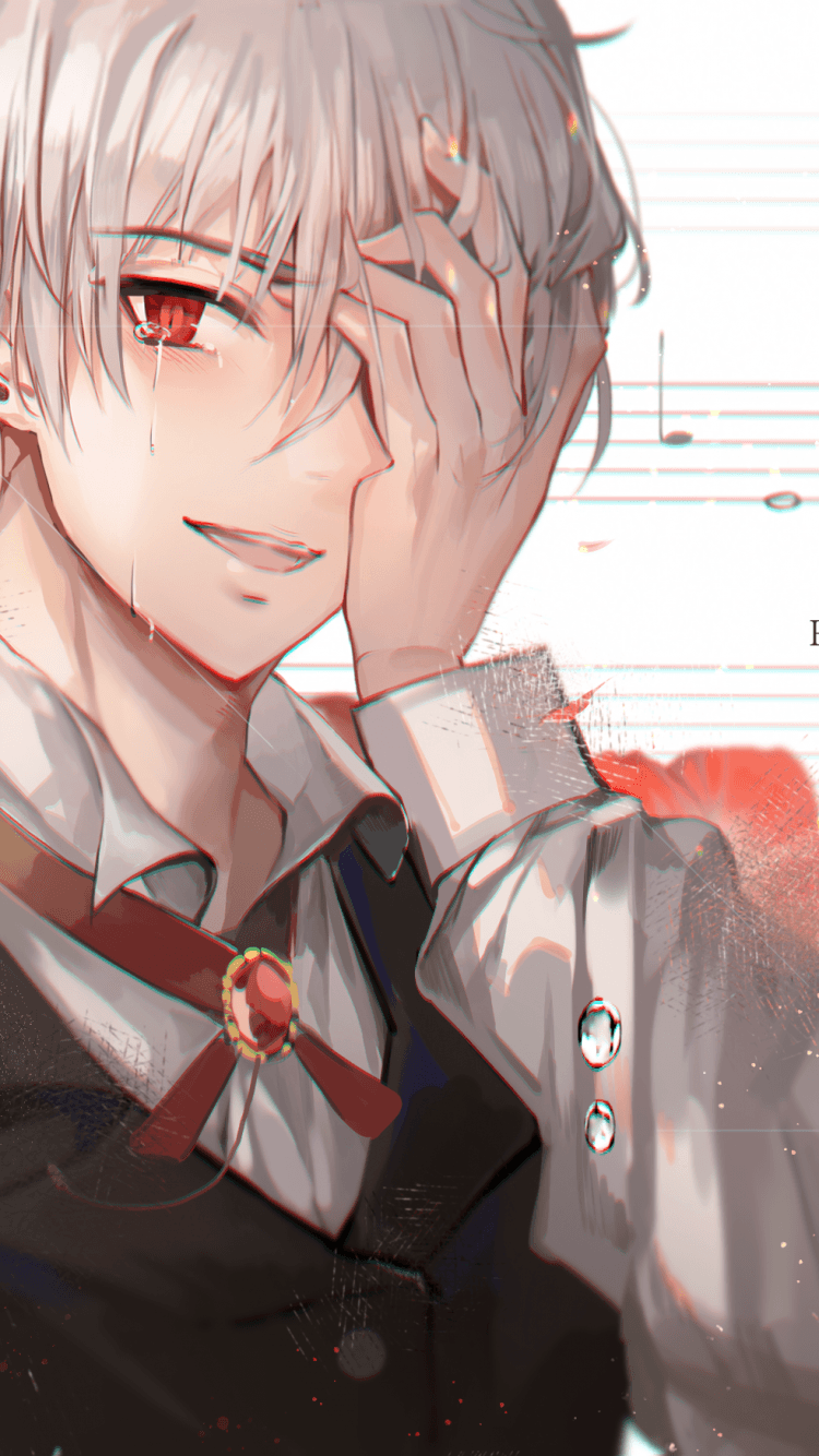 Download 750x1334 Anime Boy, Crying, Red Eye, Tears, White Hair