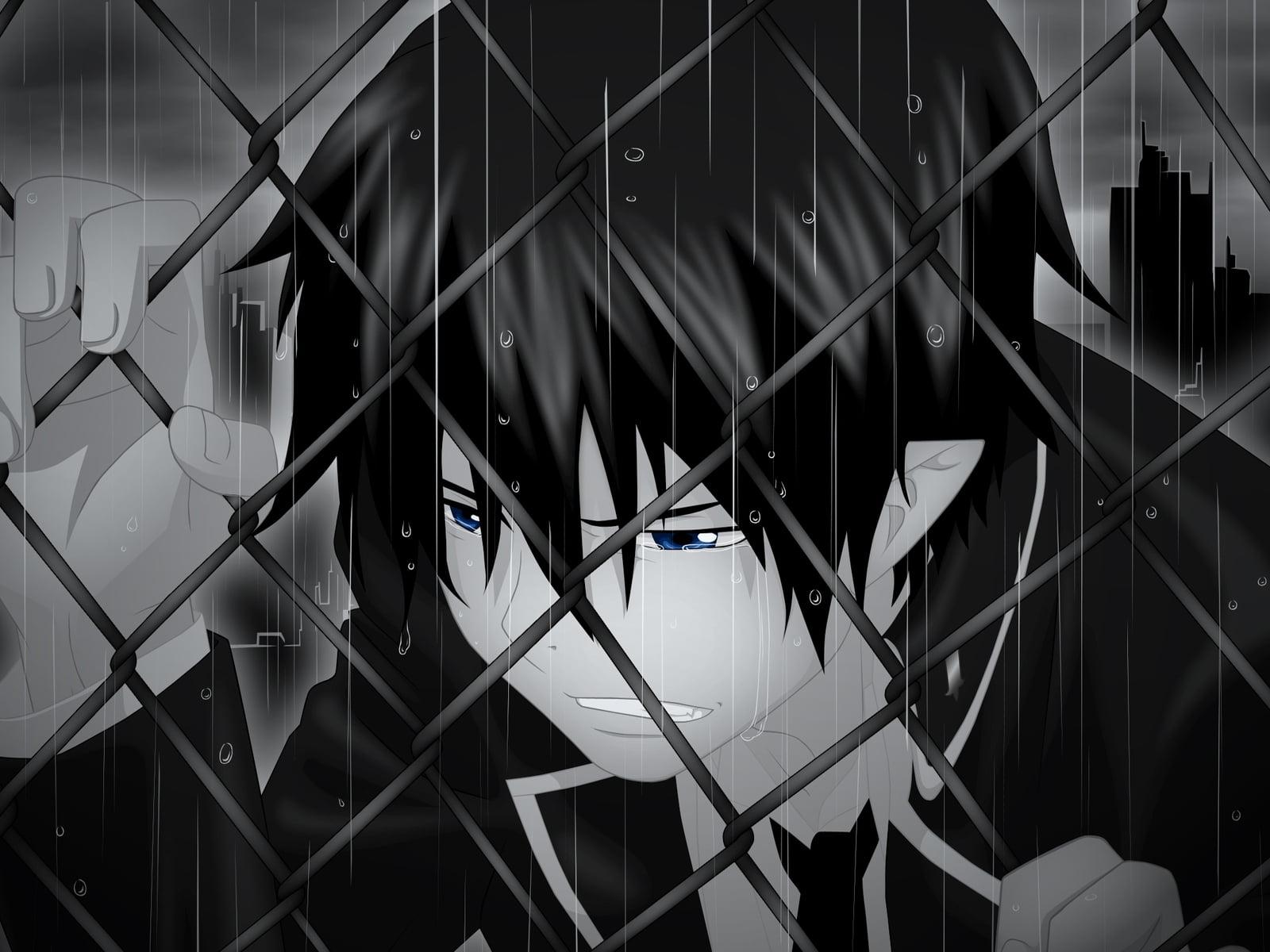 Male anime character crying under the rain while holding