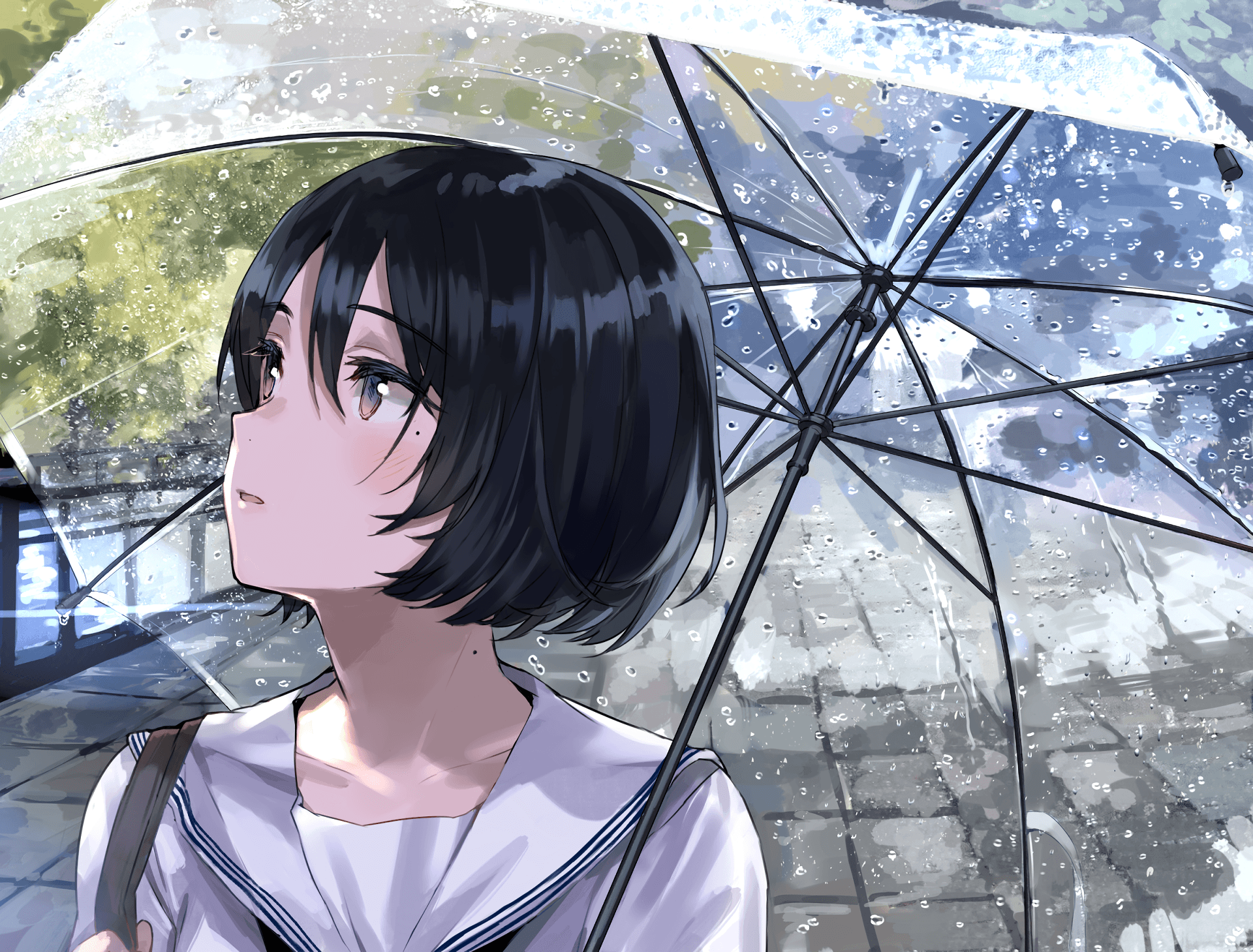 Anime Girl With Umbrella In Rain Wallpaper gambar ke 1