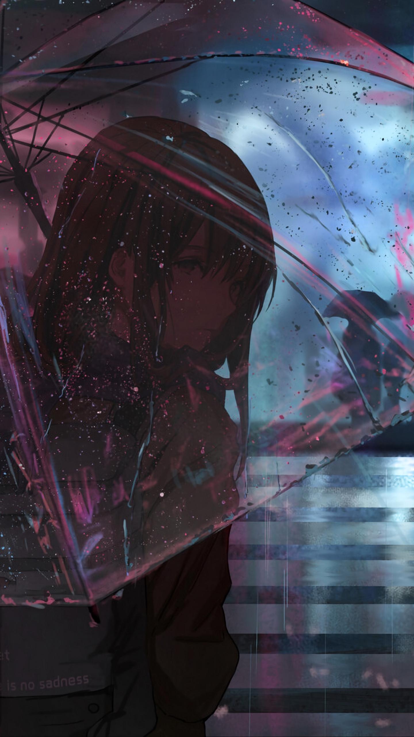 Download wallpaper 1440x2560 girl, umbrella, anime, rain