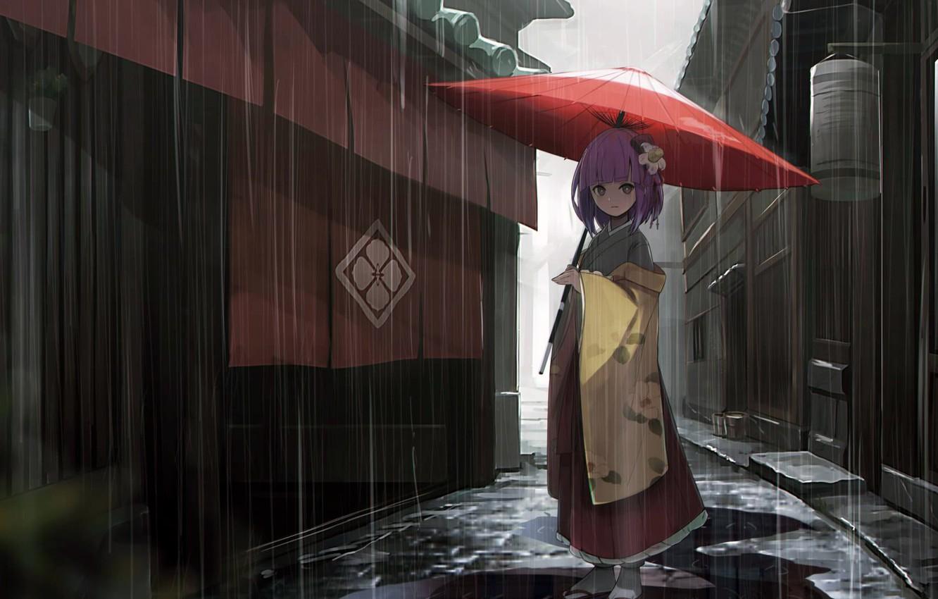 Wallpaper girl, rain, dress, umbrella, anime, street, houses