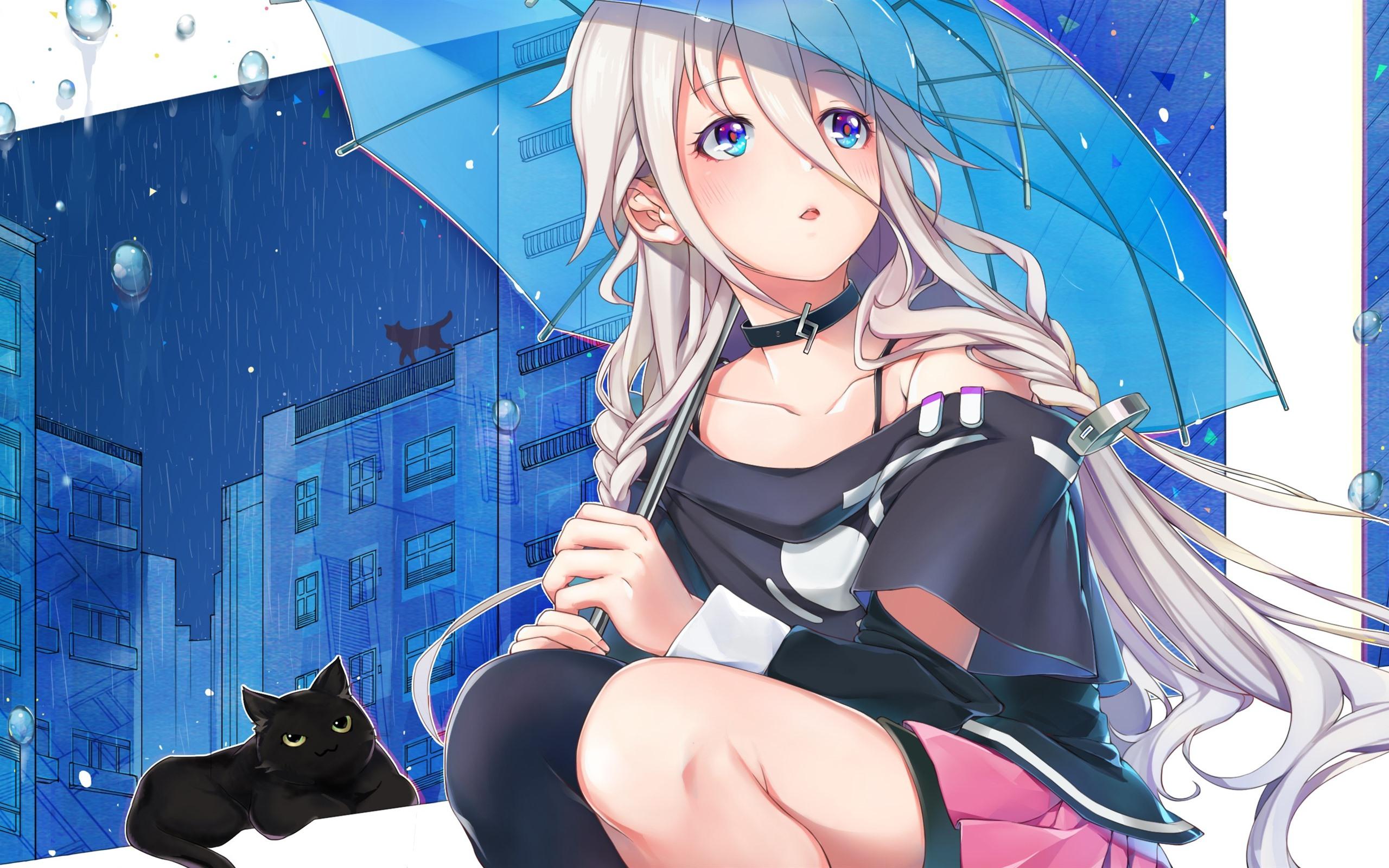 Wallpaper Anime girl, umbrella, rain, cat 2560x1600 HD