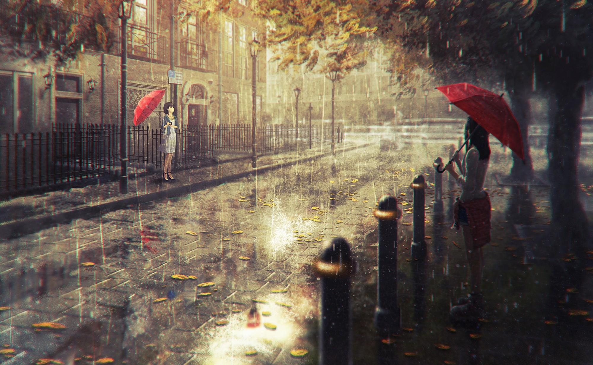 #cityscape, #anime, #rain, #anime girls, #umbrella