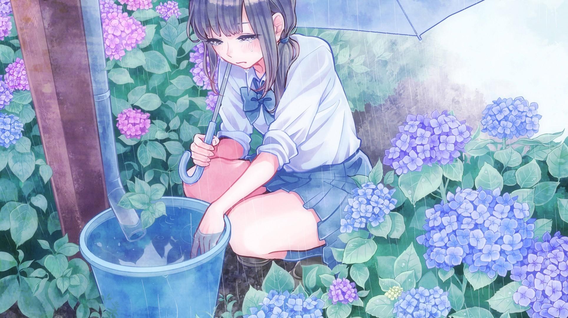 Download 1929x1080 Anime Girl, Crying, Raining, School