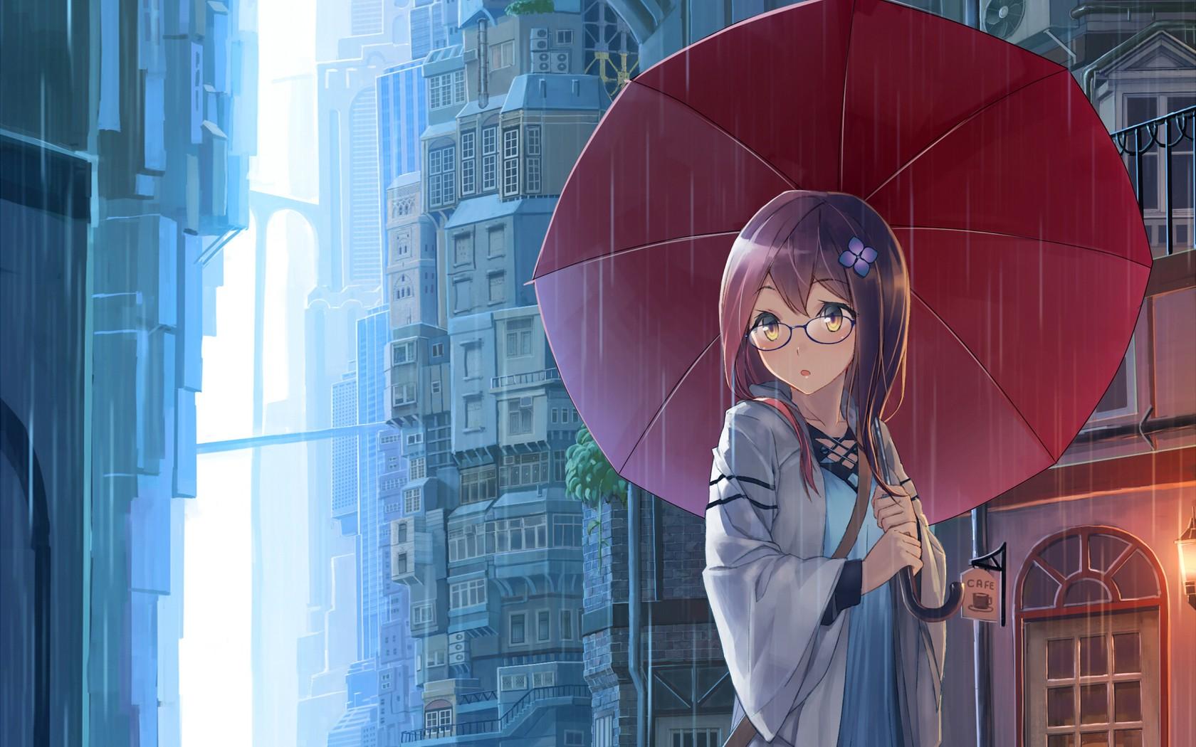 rain, glasses, umbrellas, anime girls wallpaper