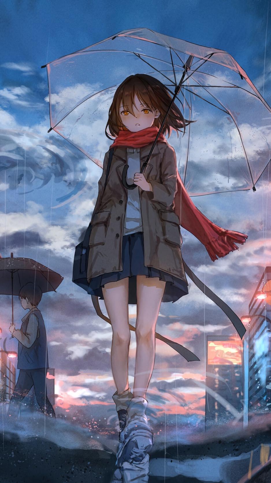 Download wallpaper 938x1668 girl, umbrella, anime, rain, sadness