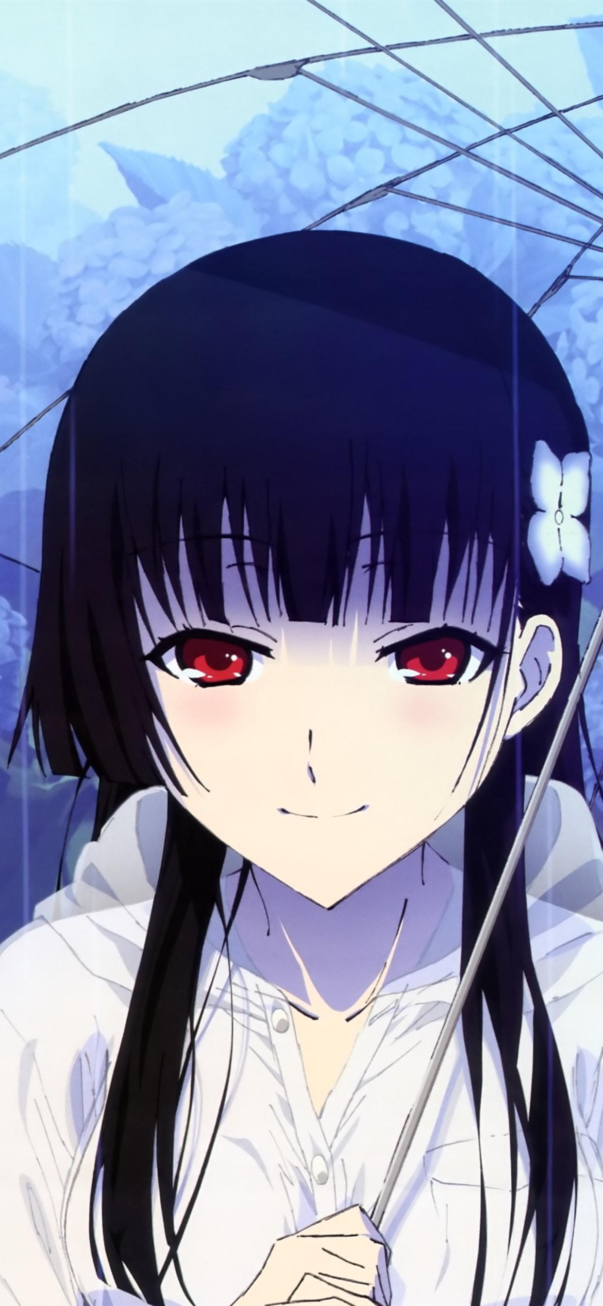 Red eyes anime girl, umbrella, rain, flowers 1242x2688